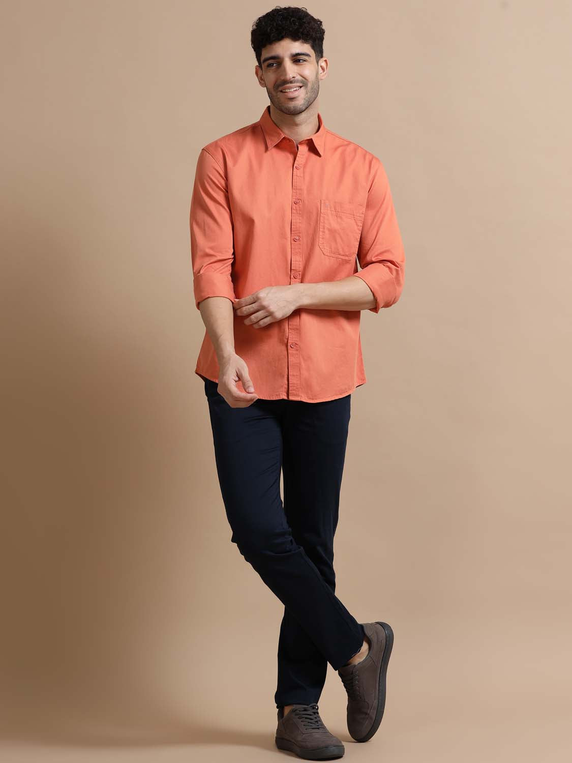 Men Coral Pink Cotton Shirt