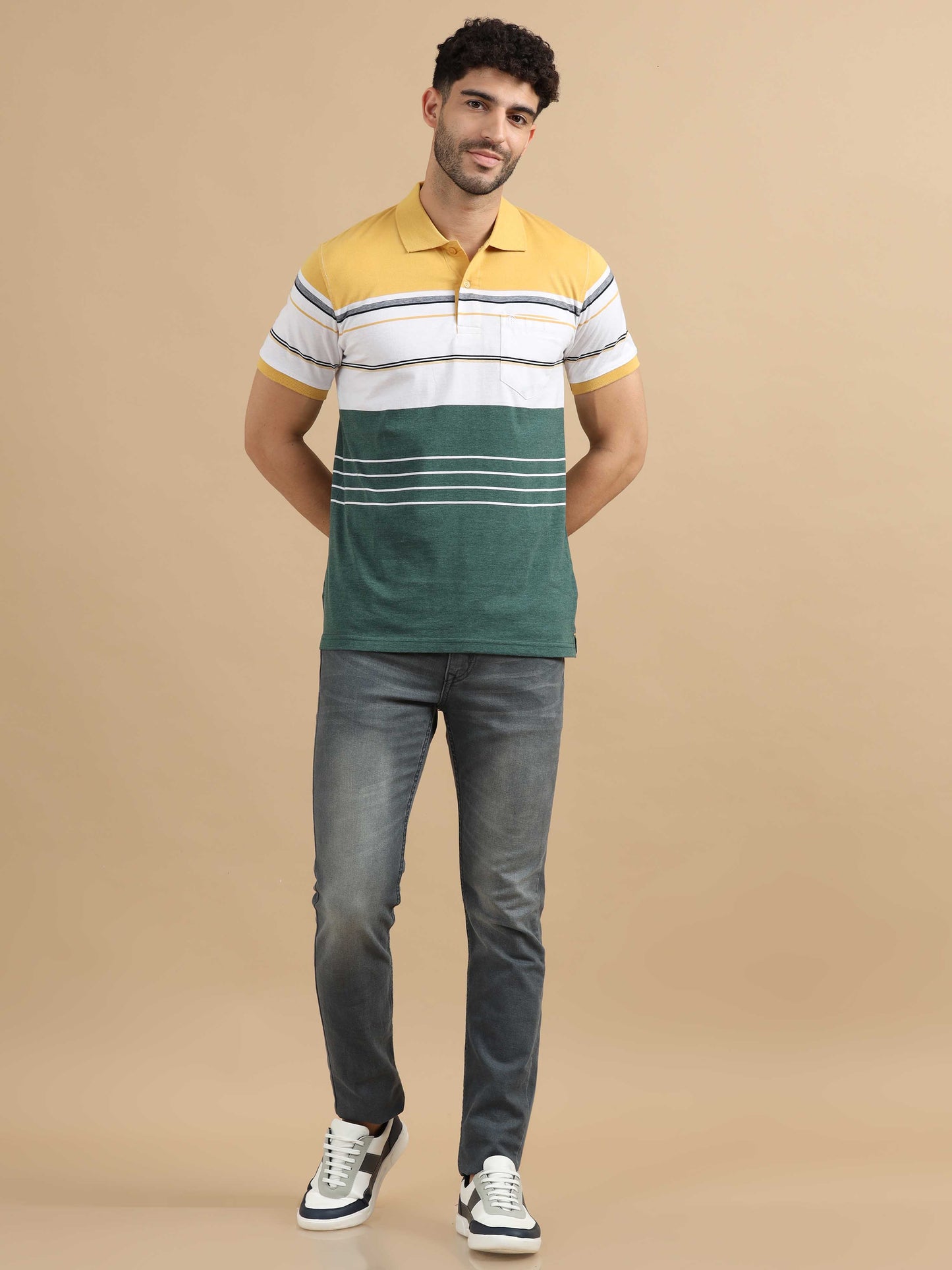 Green and Yellow Stripe Polo T Shirt 