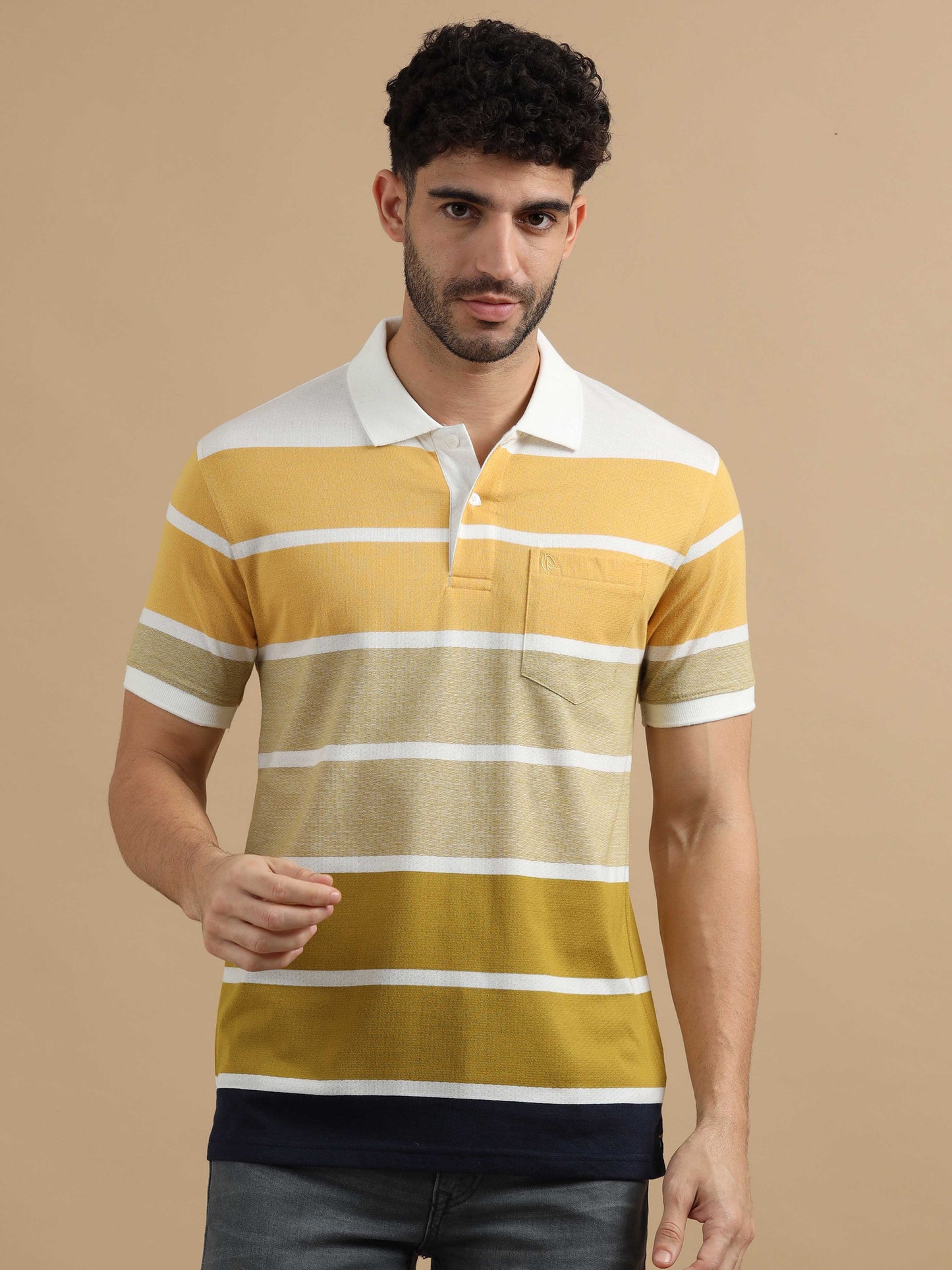  Men Yellow Striped Polo T Shirt