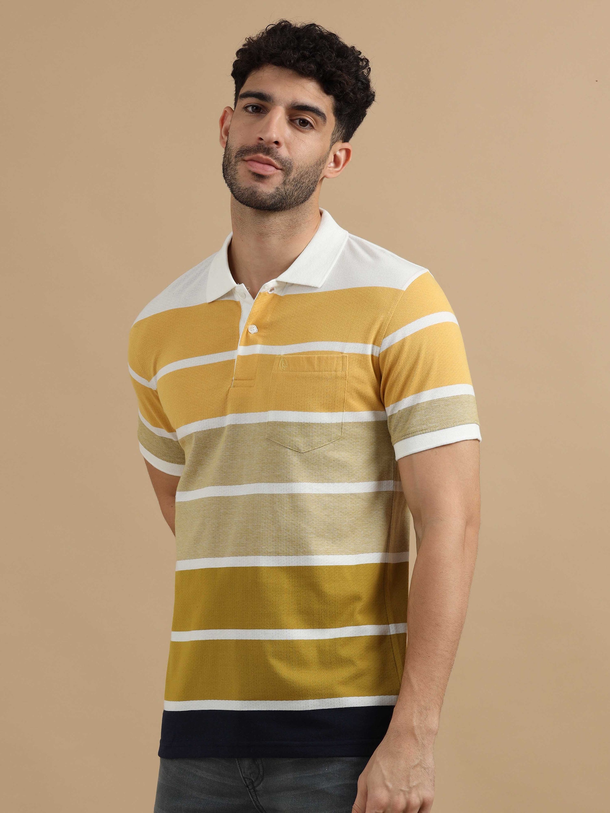  Men Yellow Striped Polo T Shirt