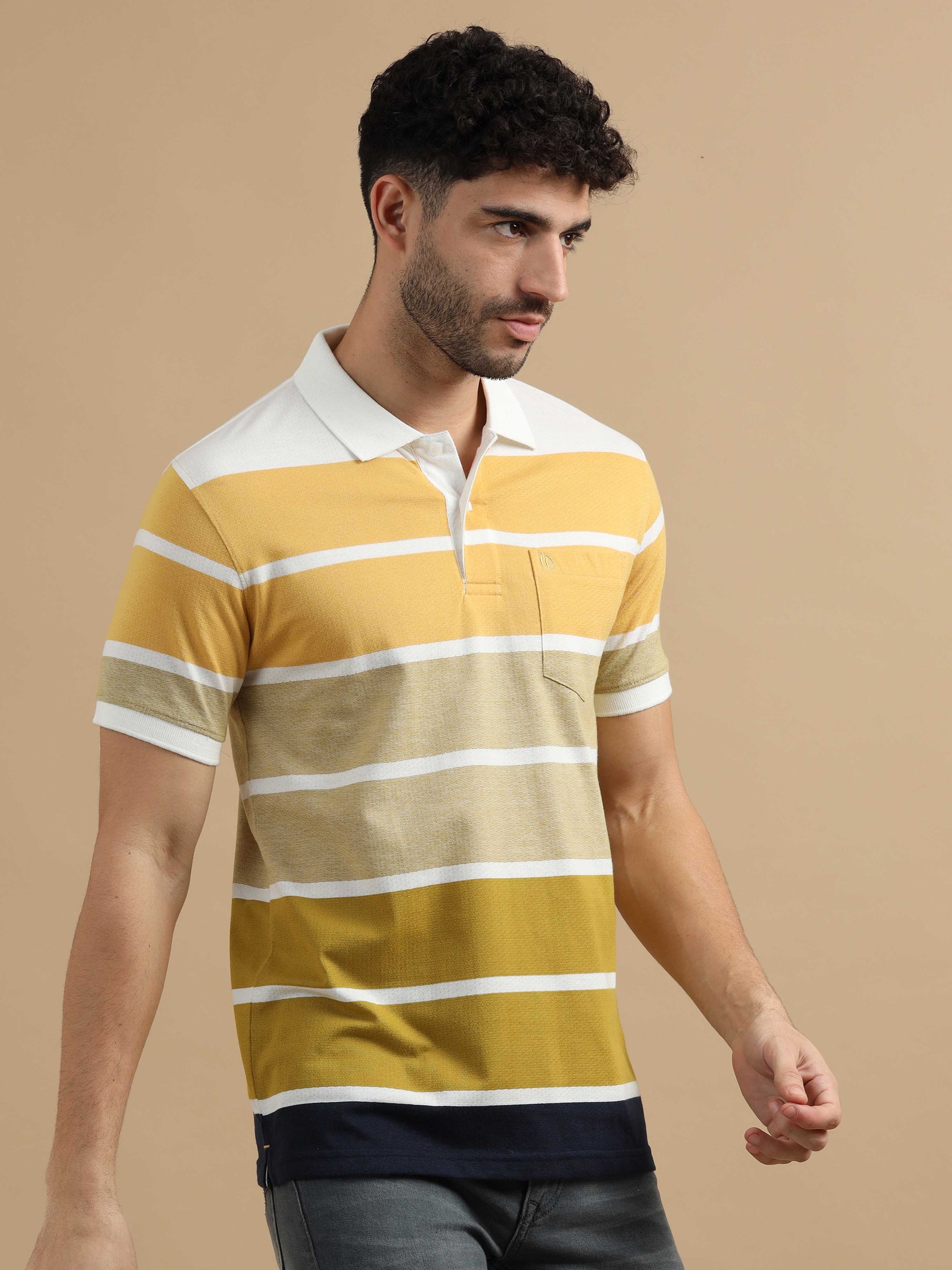  Men Yellow Striped Polo T Shirt