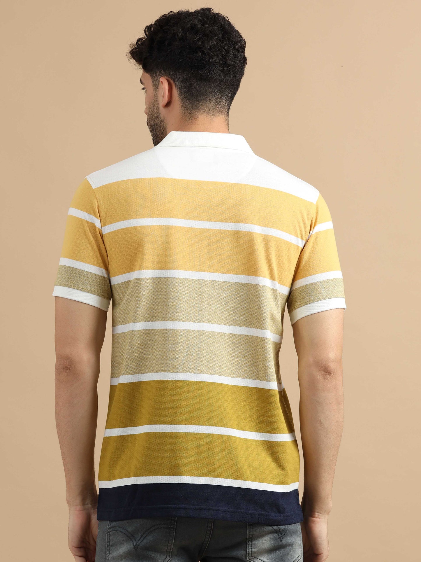  Men Yellow Striped Polo T Shirt