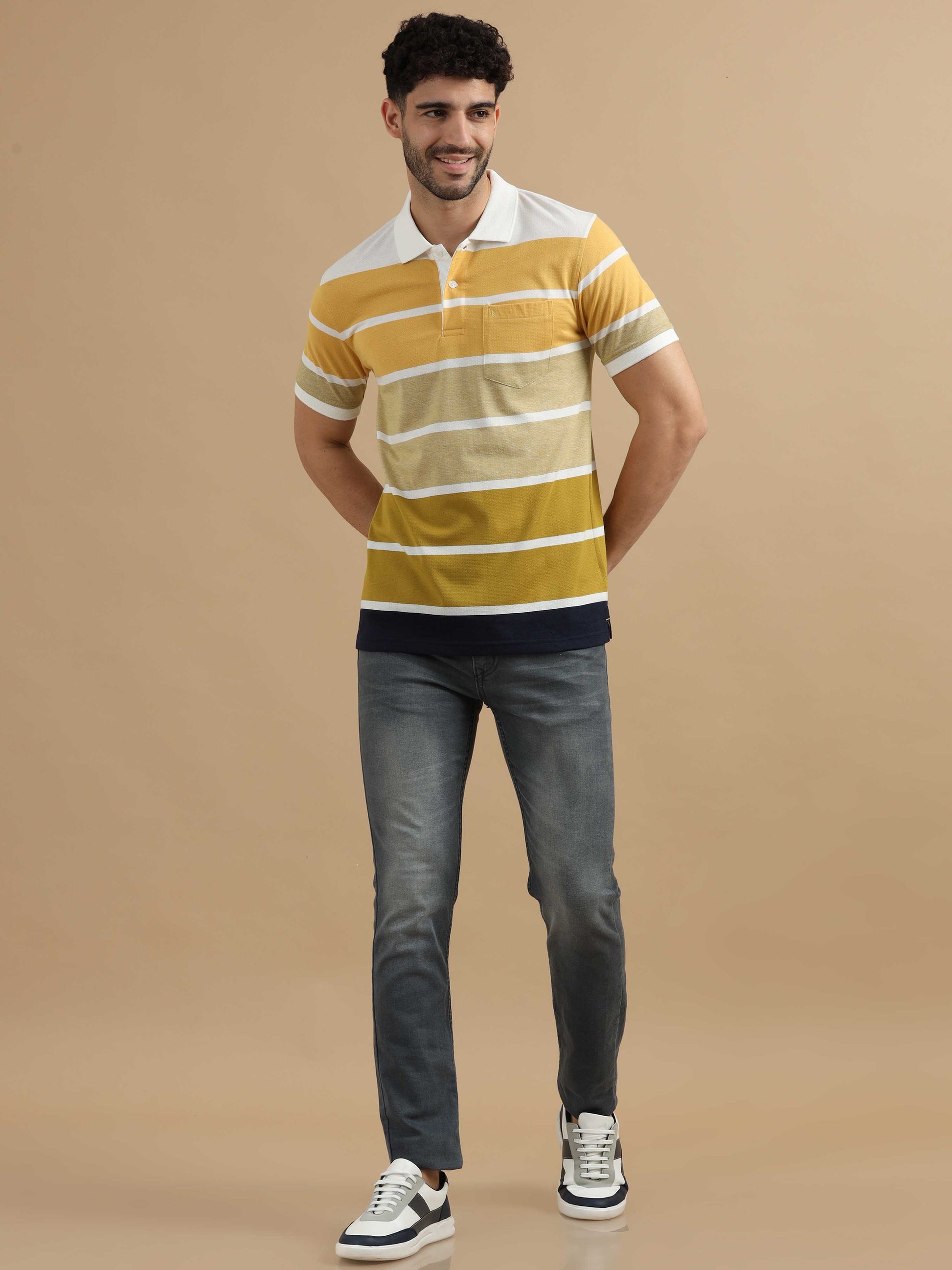  Men Yellow Striped Polo T Shirt