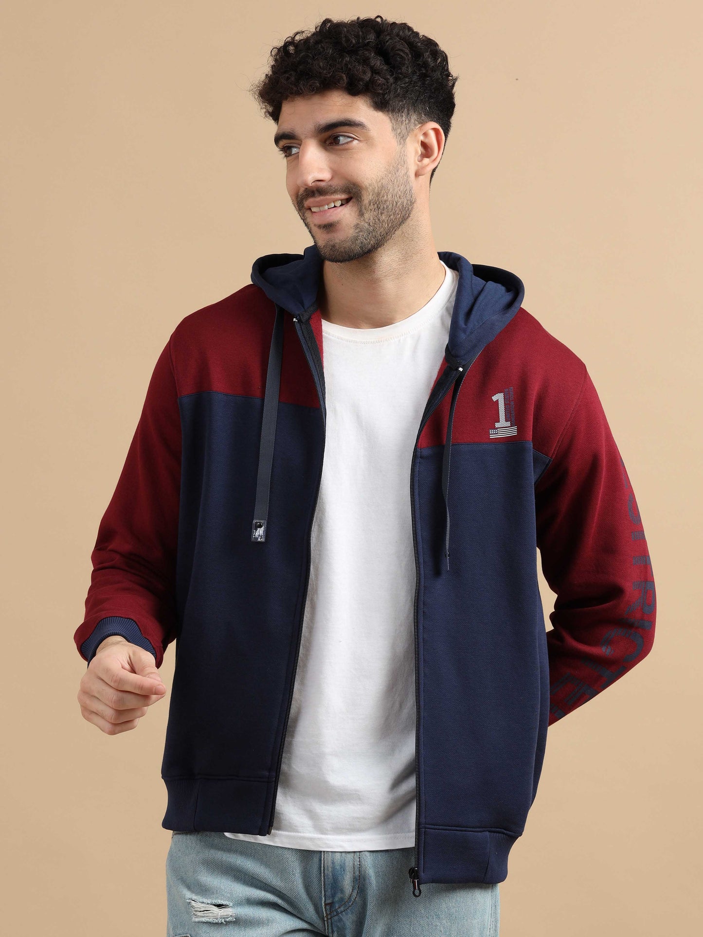 Marron and Navy Zipper Hoodie Jacket