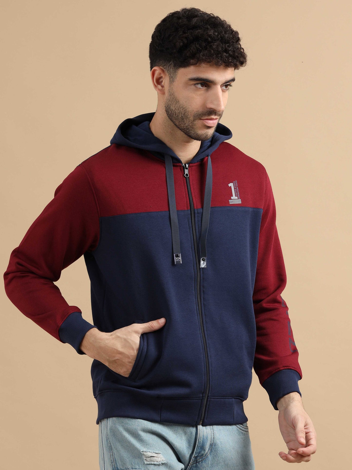 Marron and Navy Zipper Hoodie Jacket