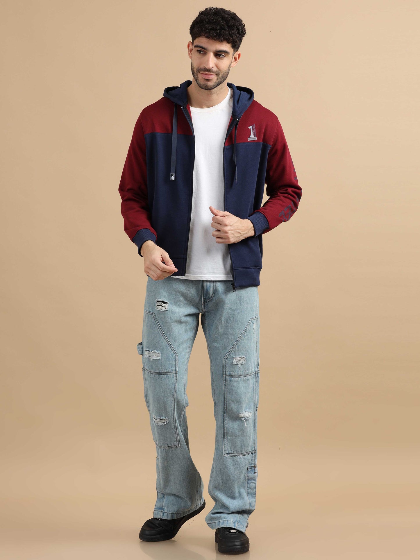 Marron and Navy Zipper Hoodie Jacket