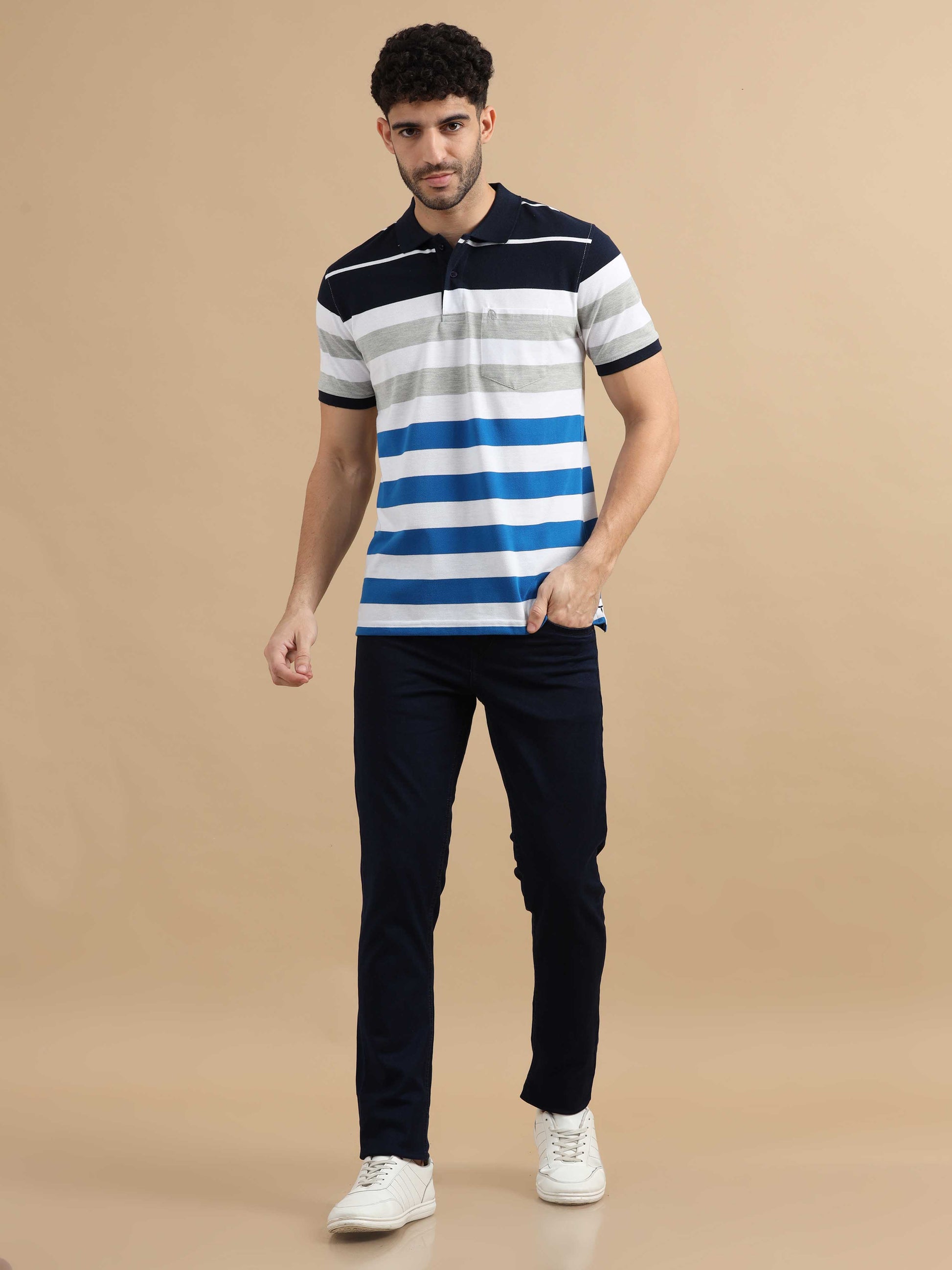 White Striped Polo T Shirt 