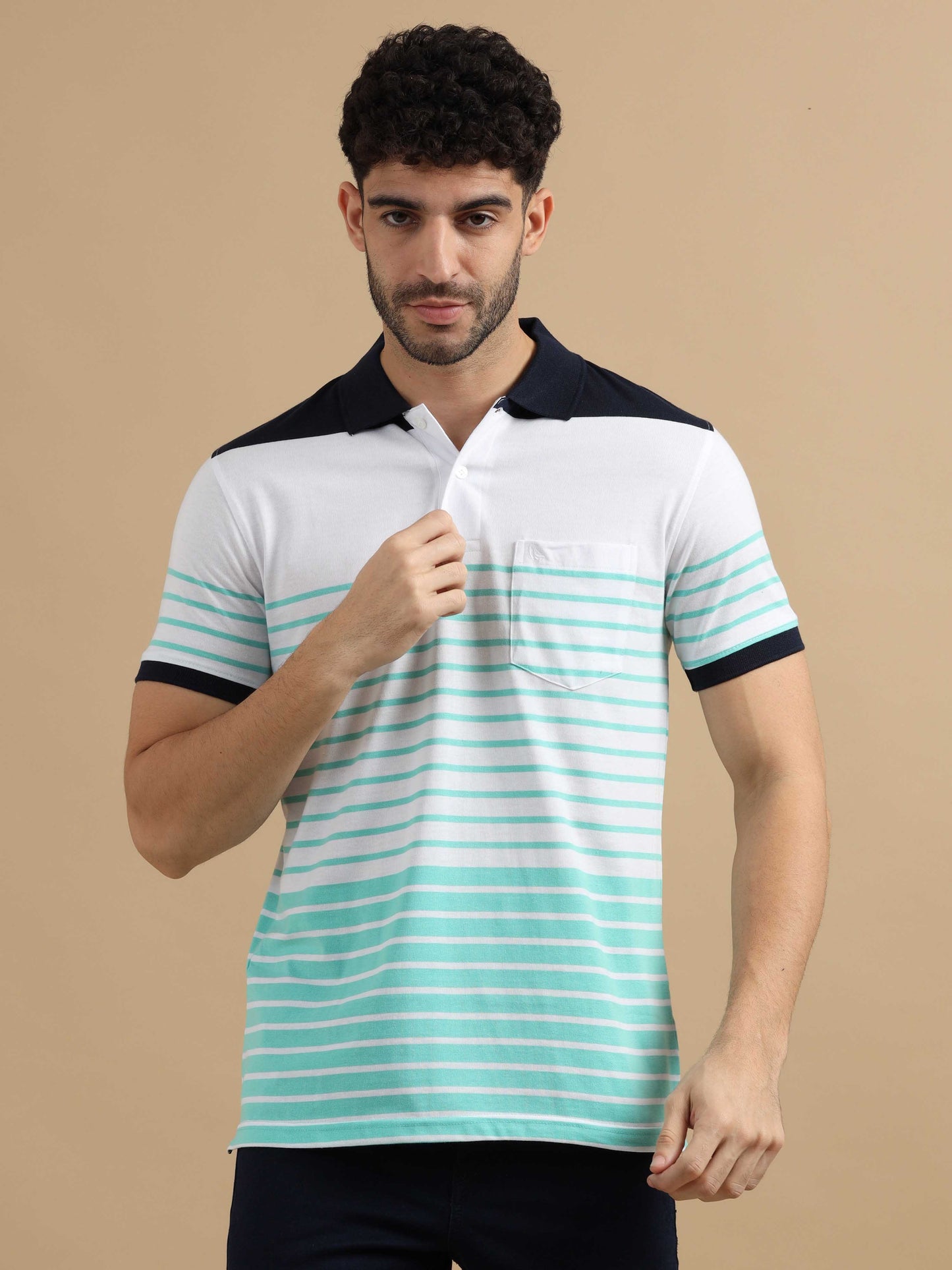 Blue & White Striped Polo T Shirt