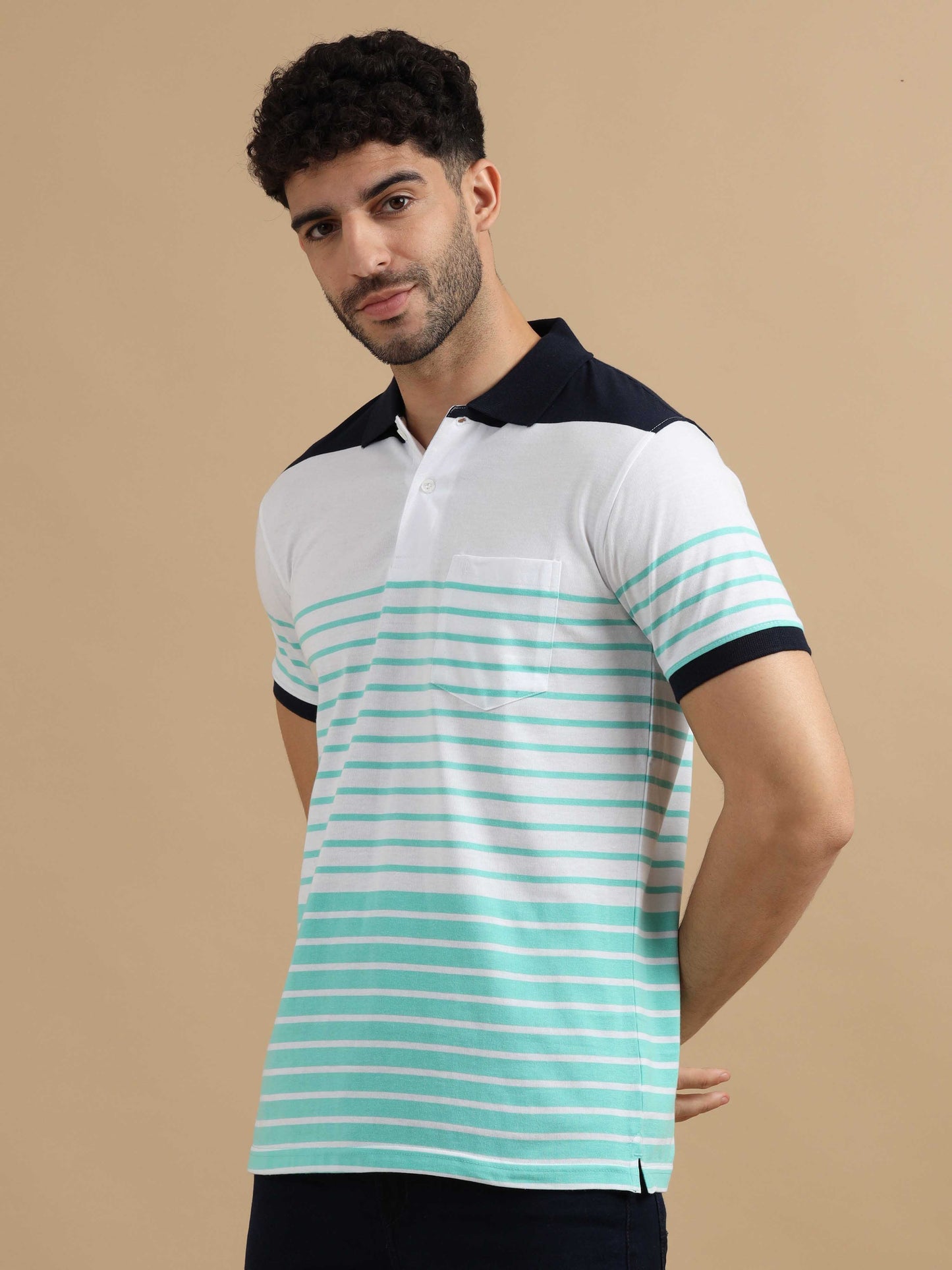 Blue & White Striped Polo T Shirt