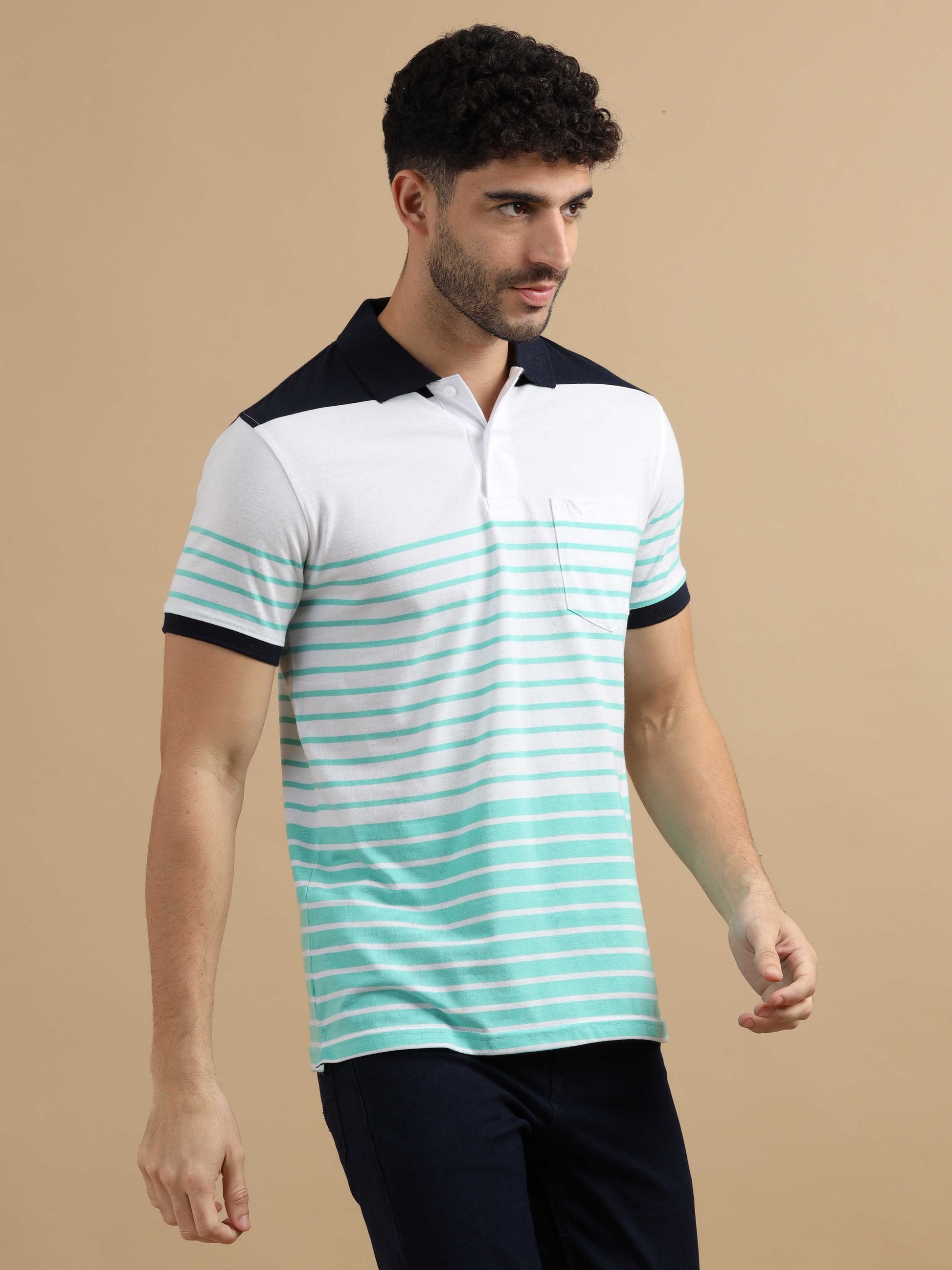 Blue & White Striped Polo T Shirt