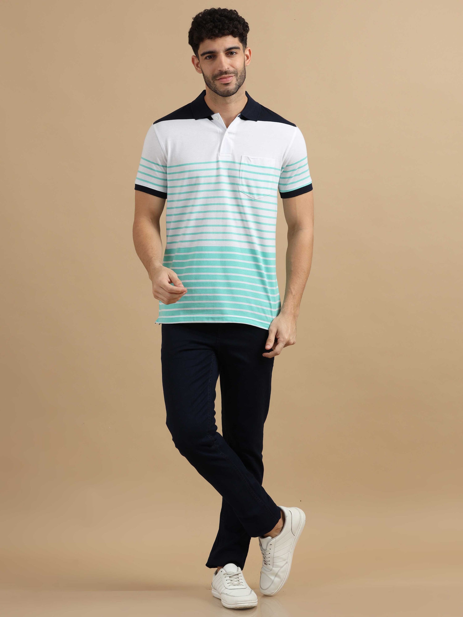 Blue & White Striped Polo T Shirt