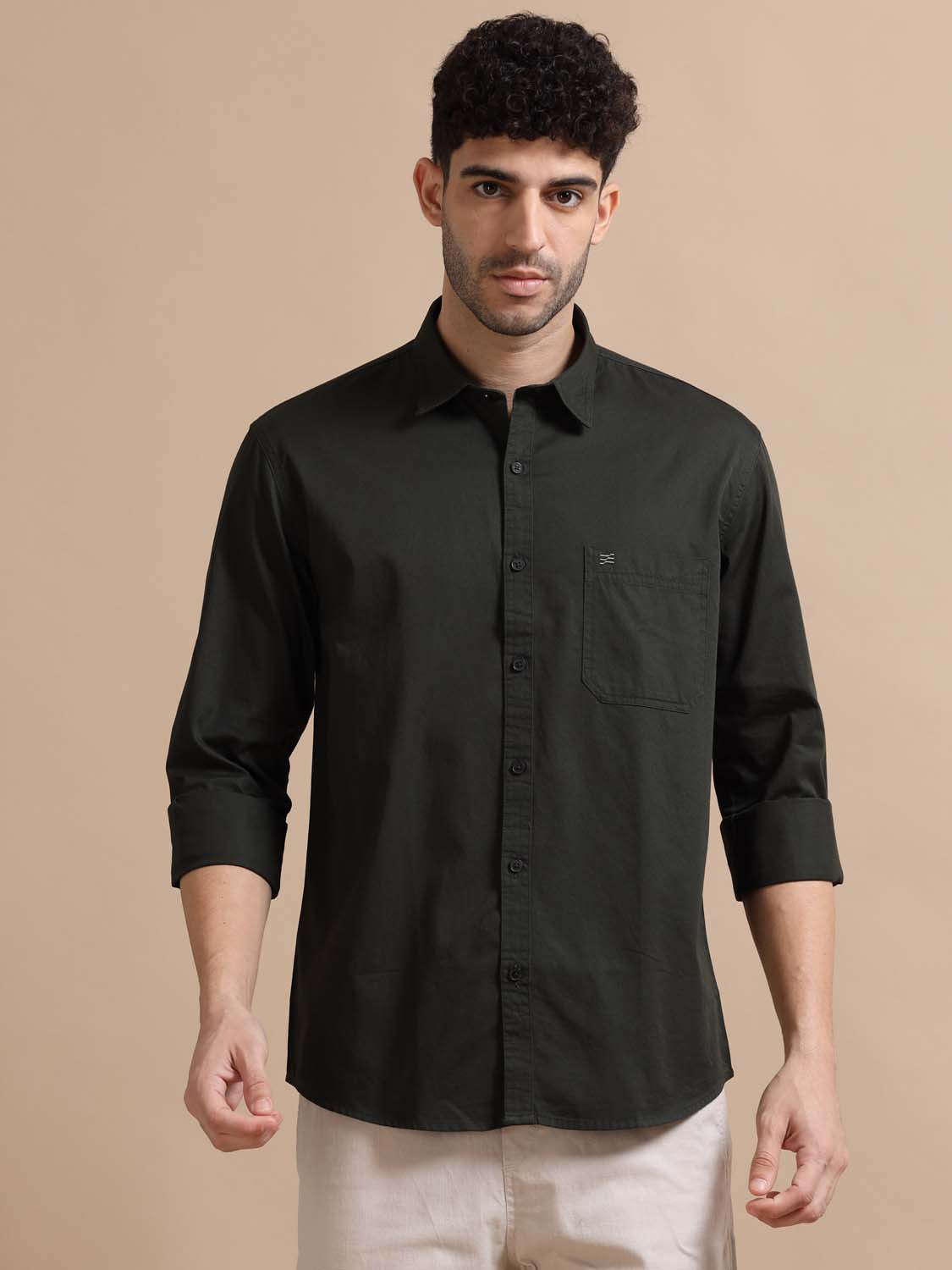 Men Full Sleeve Olive Green Shirt