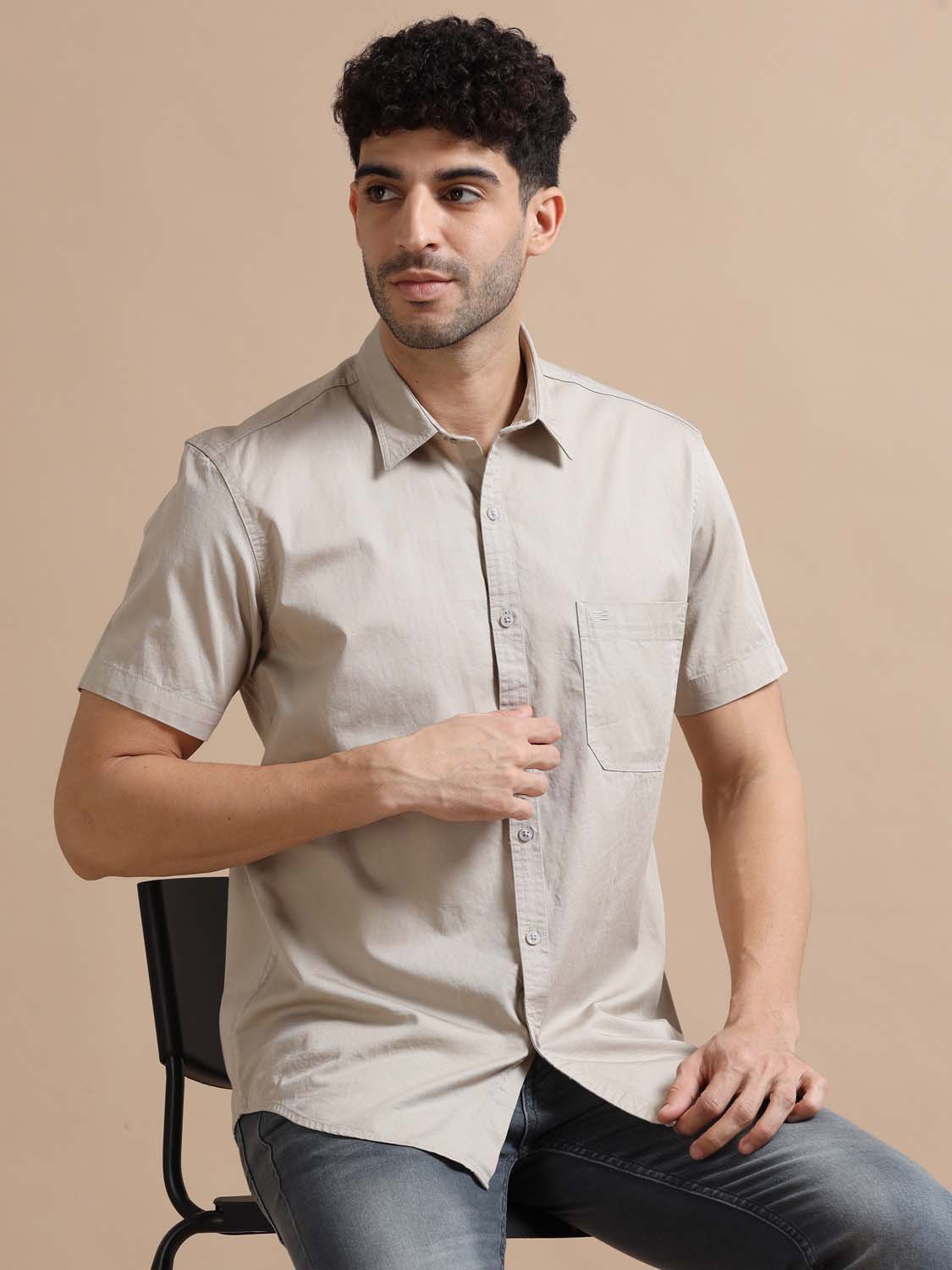 Half Sleeve Cotton Grey Shirt for Men