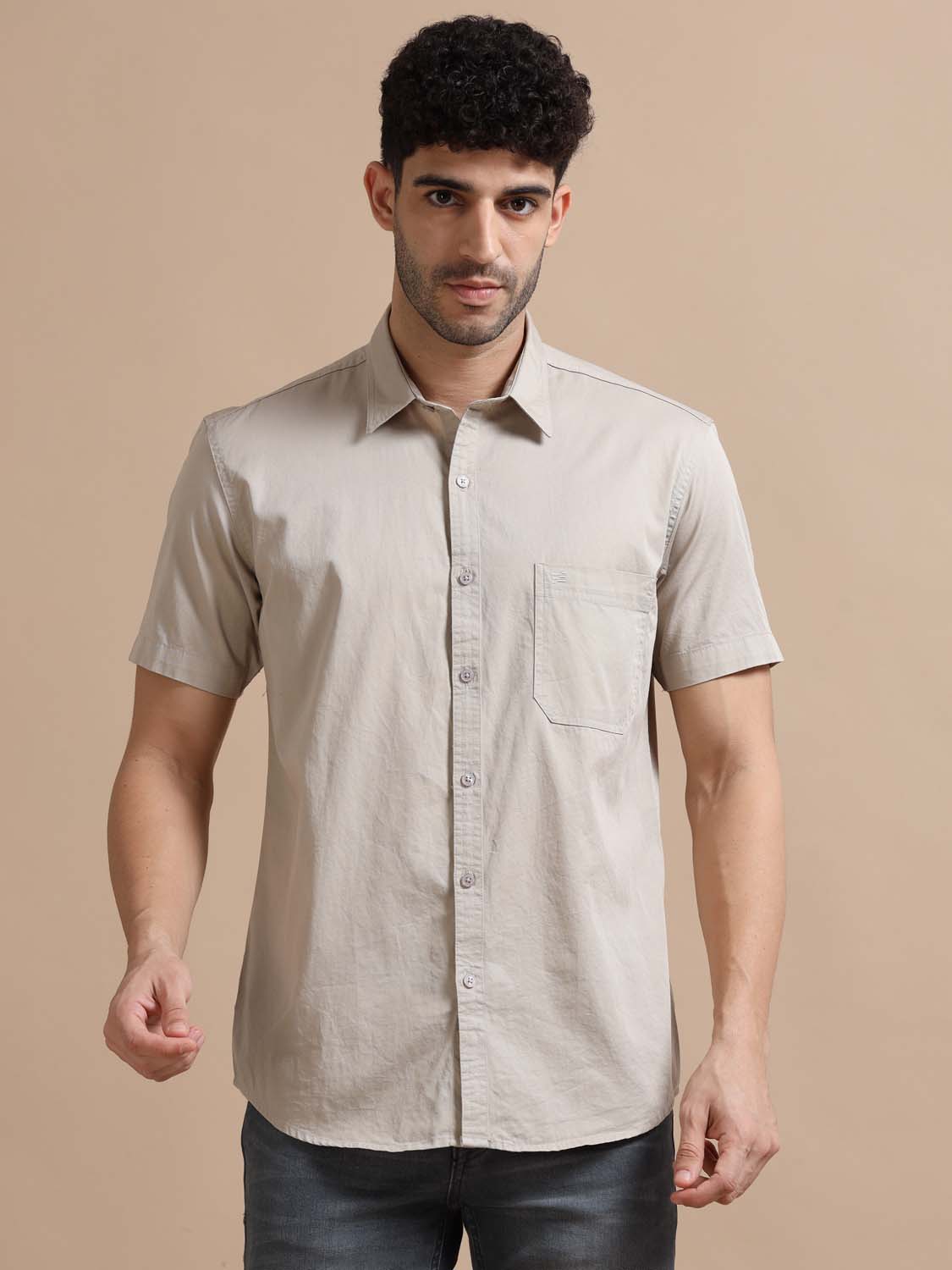 Half Sleeve Cotton Grey Shirt for Men