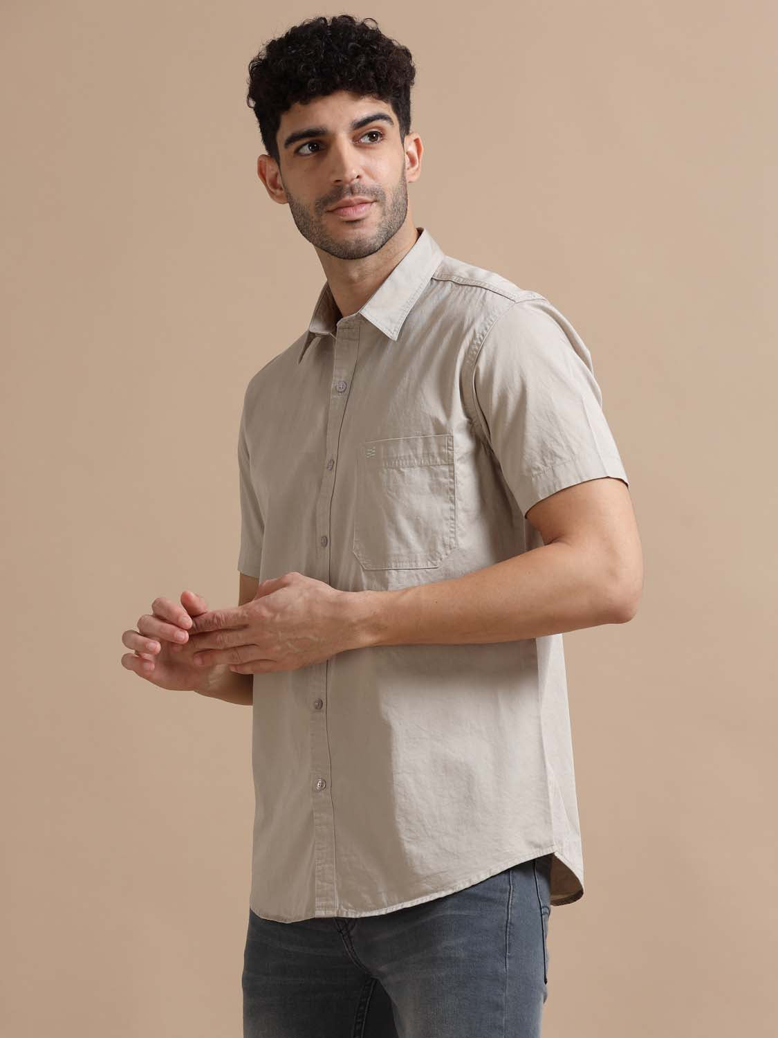 Half Sleeve Cotton Grey Shirt for Men