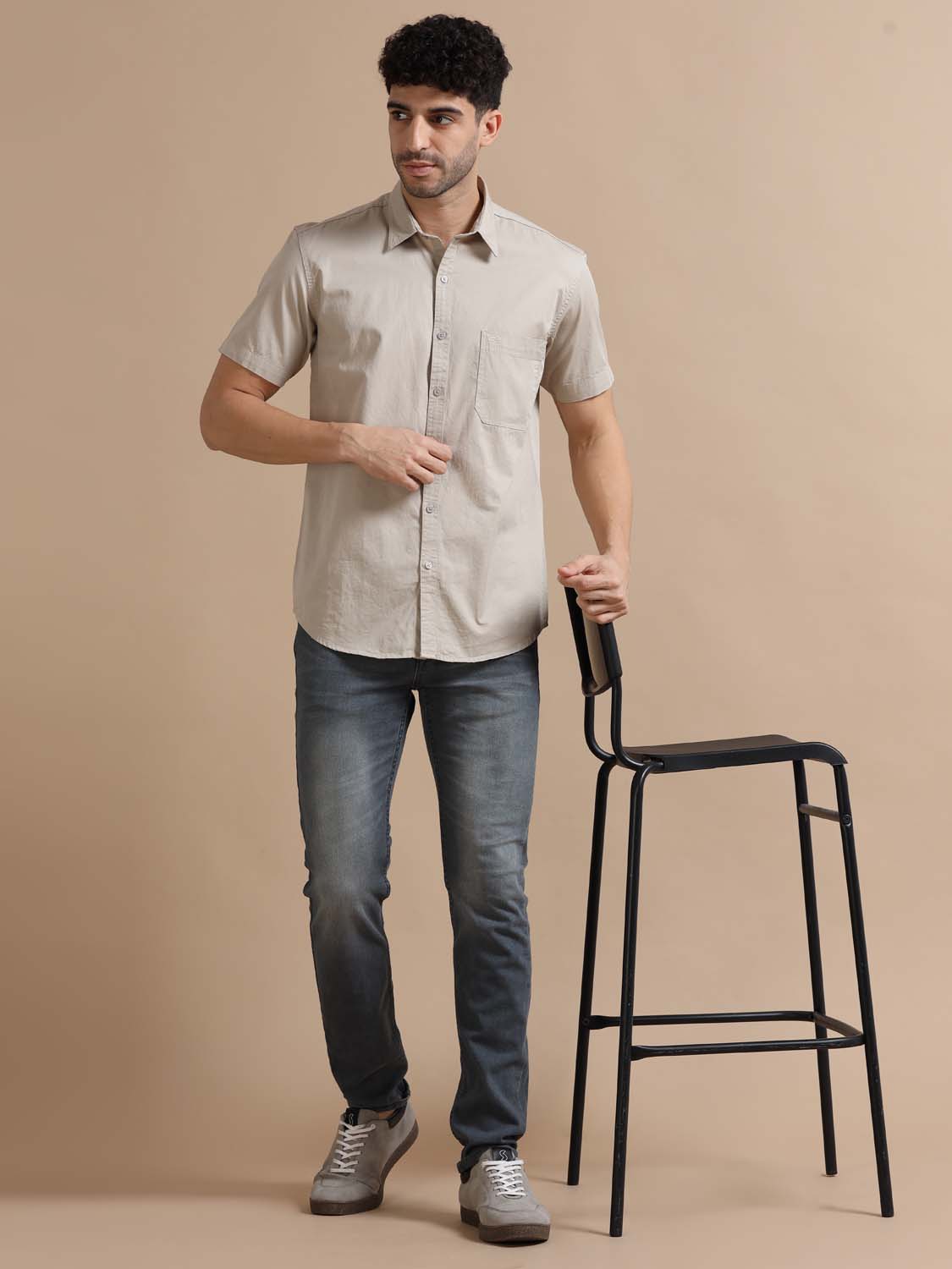 Half Sleeve Cotton Grey Shirt for Men