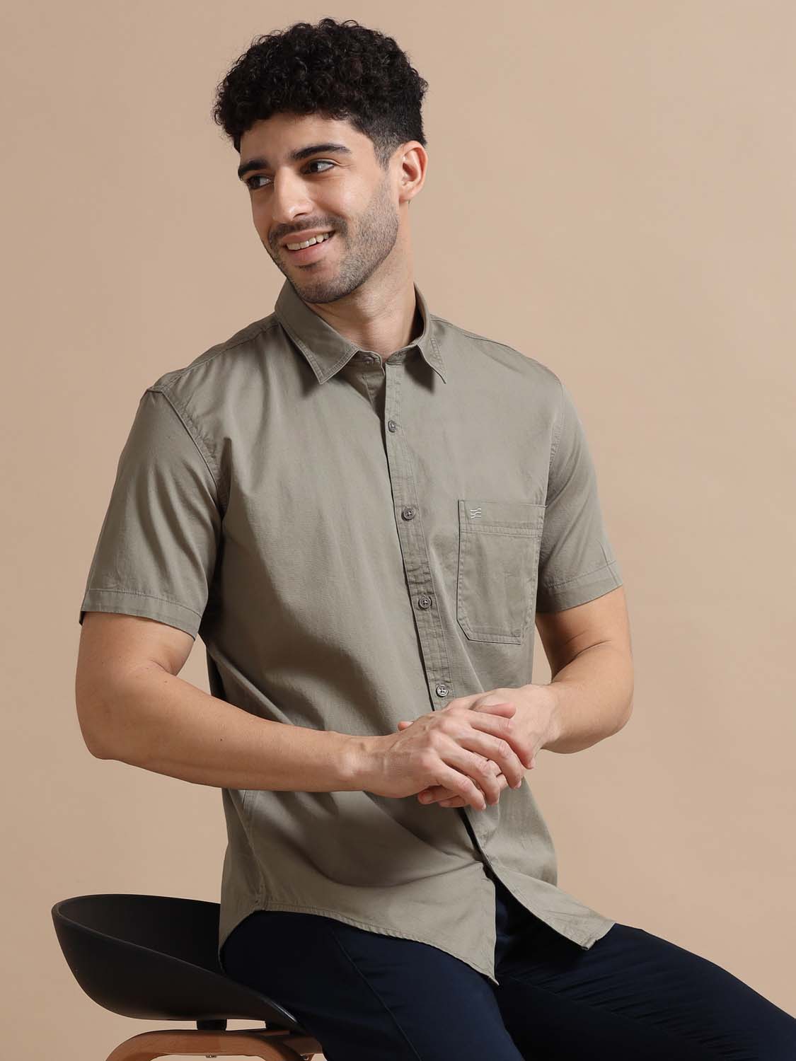 Half Sleeve Men Grey Cotton Shirt 