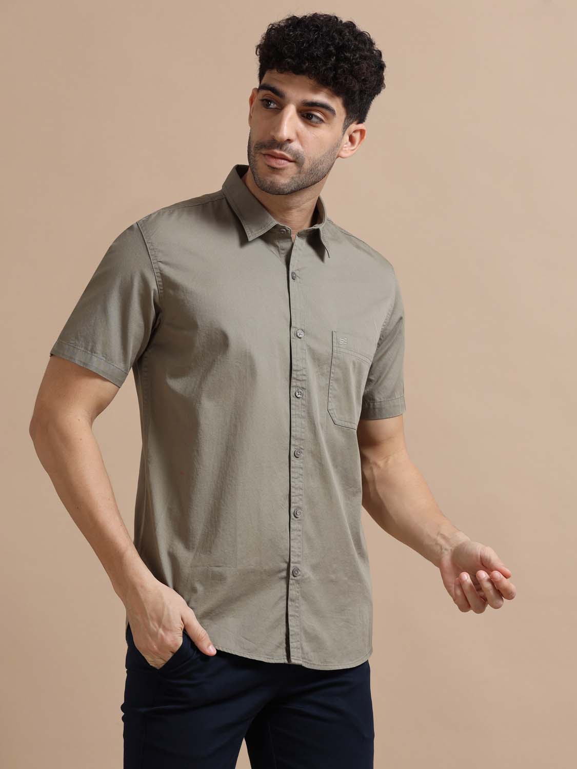 Half Sleeve Men Grey Cotton Shirt 