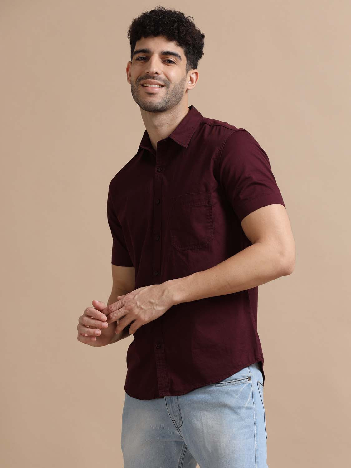 Half Sleeve Dark Red Shirt for Men