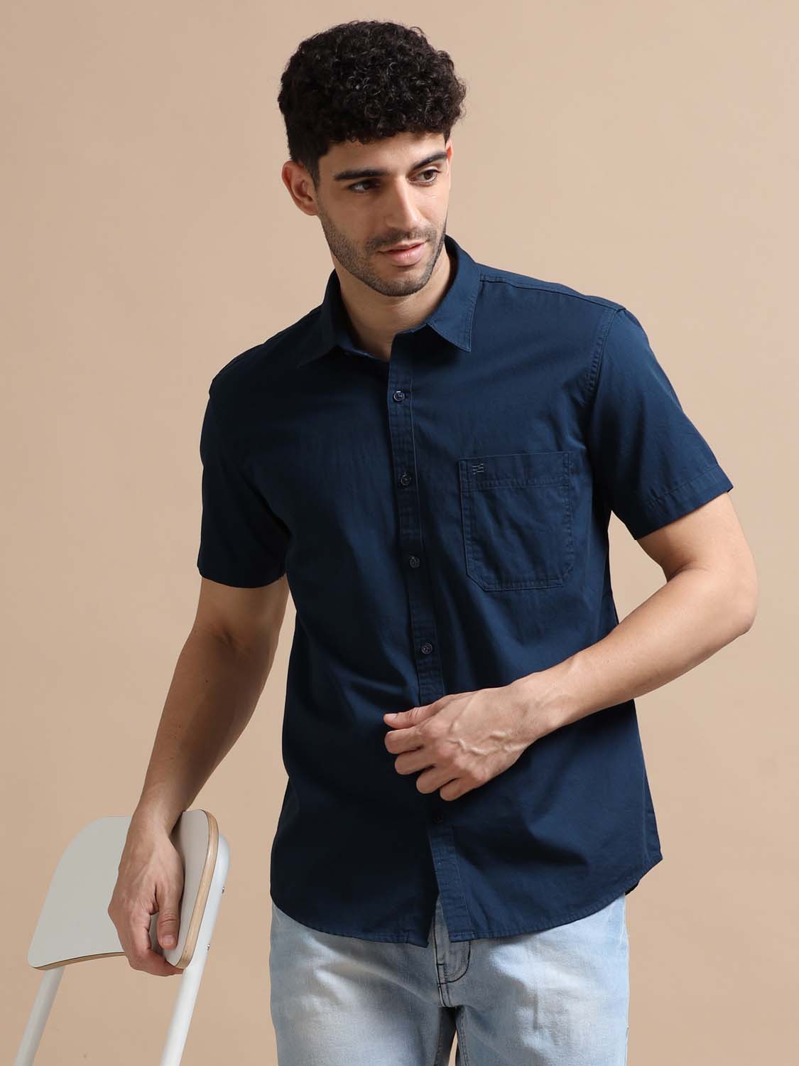 Half Sleeve Nile Blue Cotton Shirt for Men