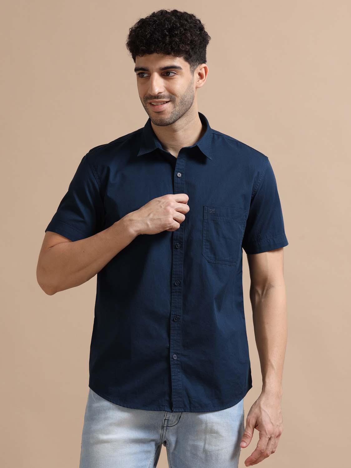 Half Sleeve Nile Blue Cotton Shirt for Men