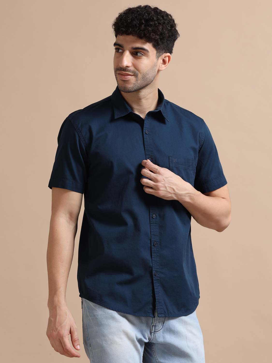 Half Sleeve Nile Blue Cotton Shirt for Men