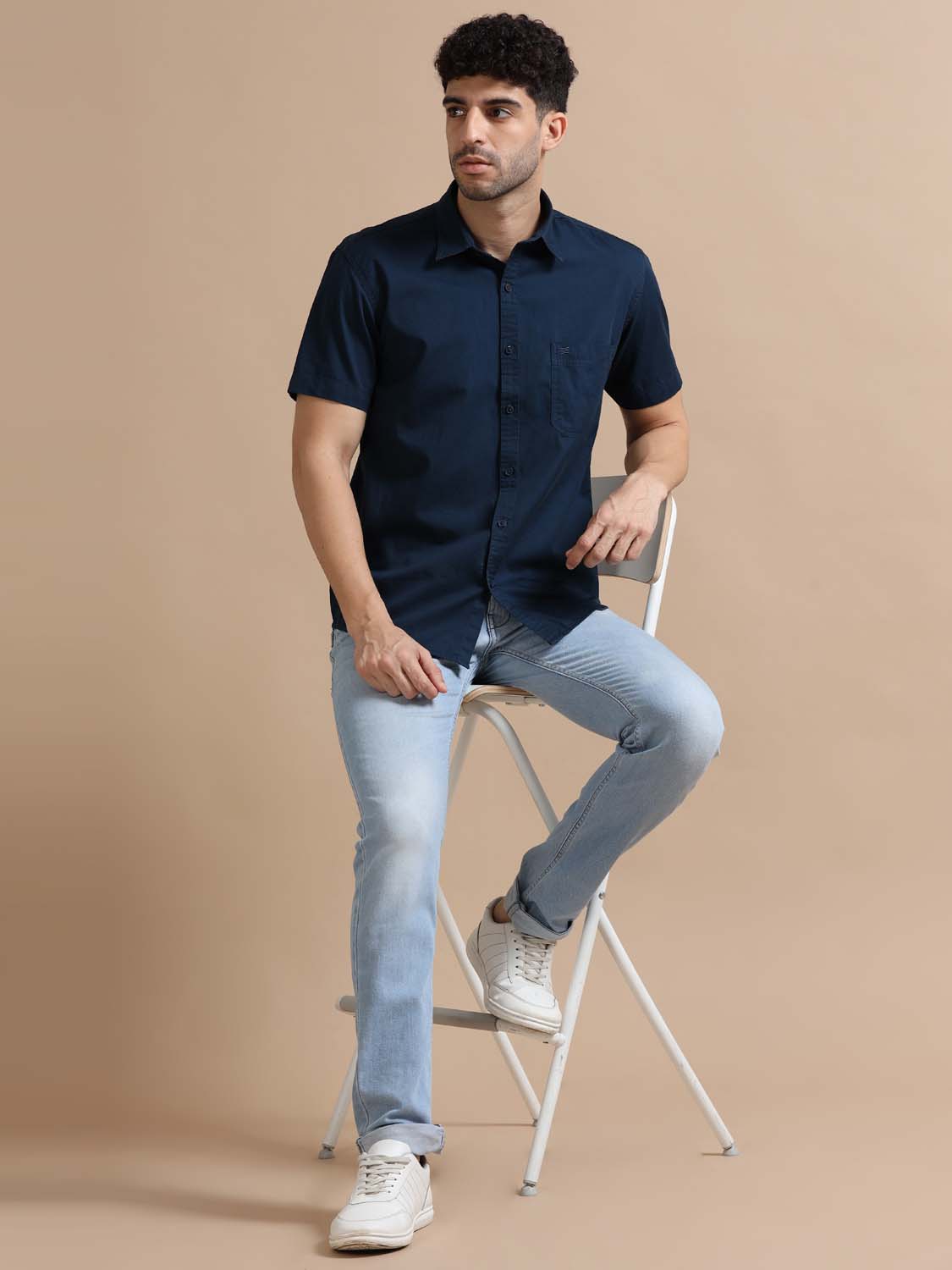 Half Sleeve Nile Blue Cotton Shirt for Men