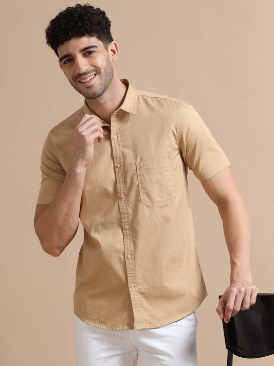 Light Peach Half Sleeve Twill Cotton Shirt