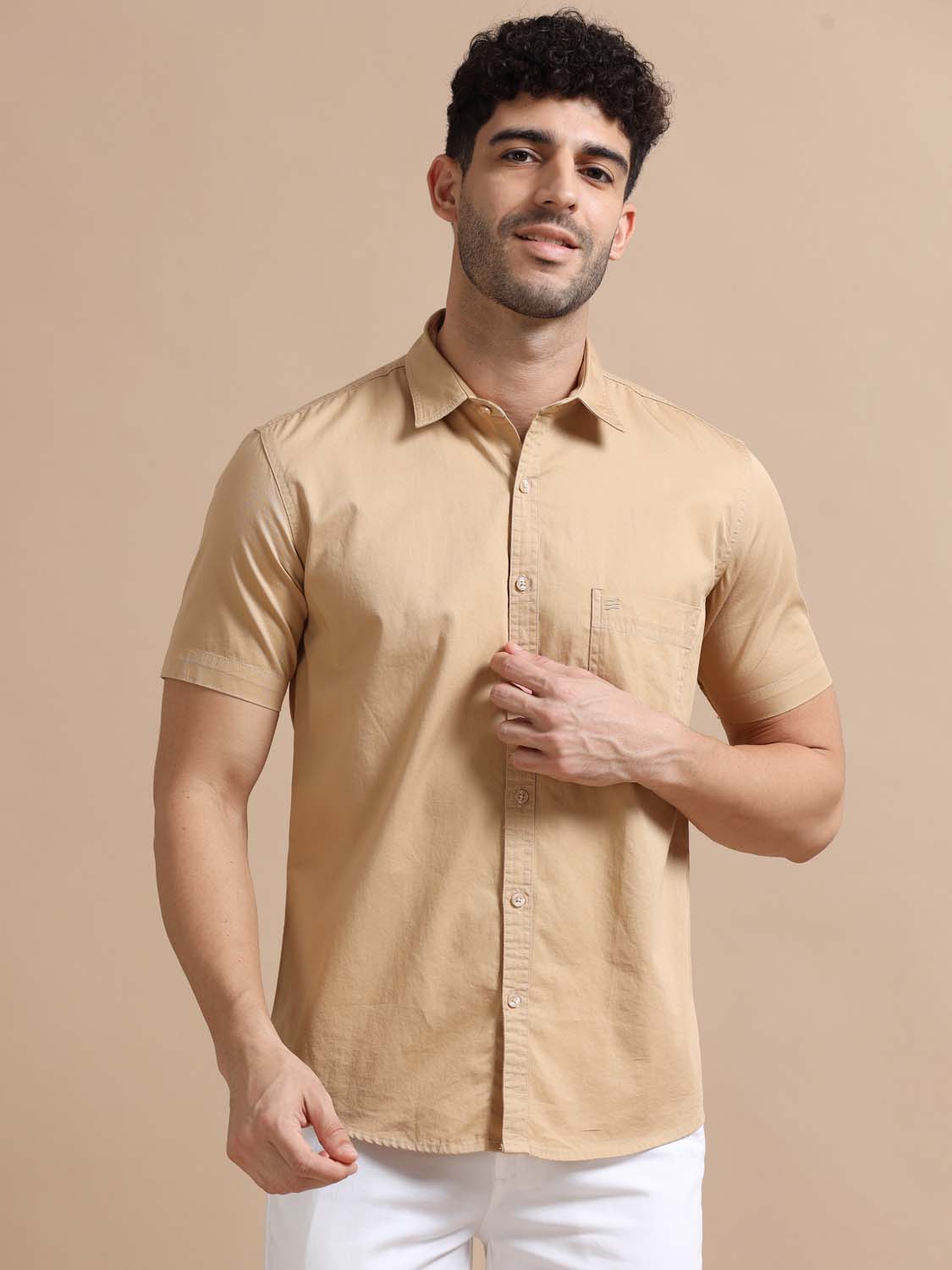 Light Peach Half Sleeve Twill Cotton Shirt