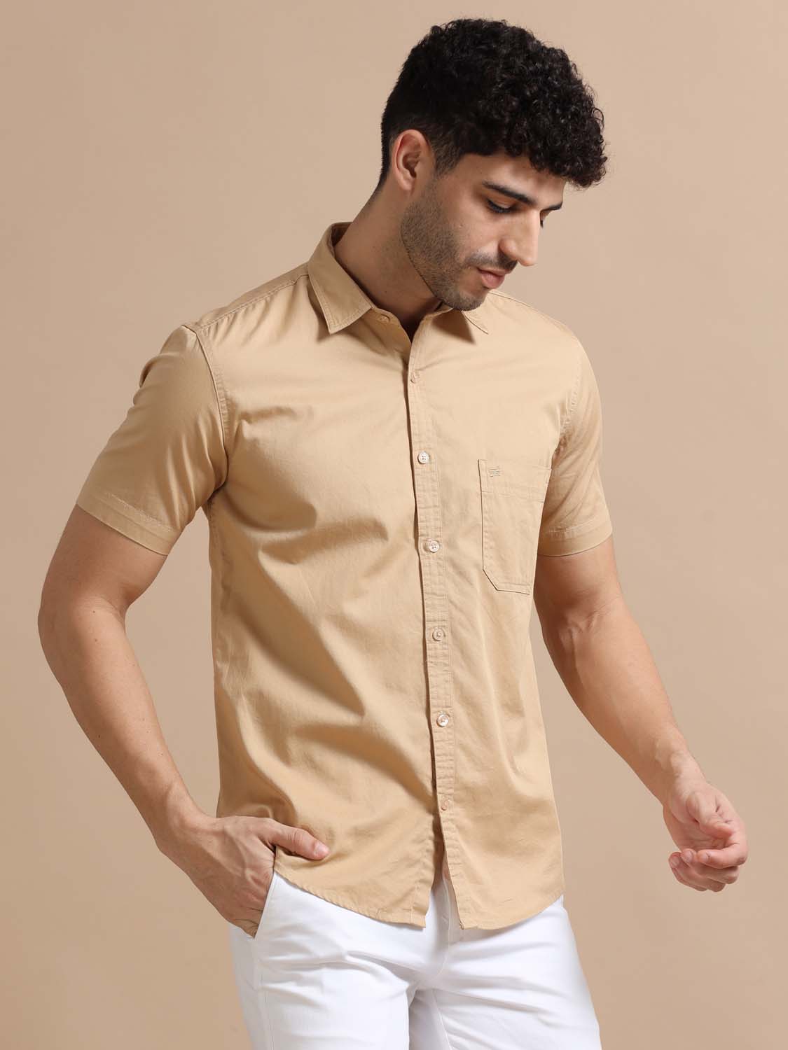 Light Peach Half Sleeve Twill Cotton Shirt