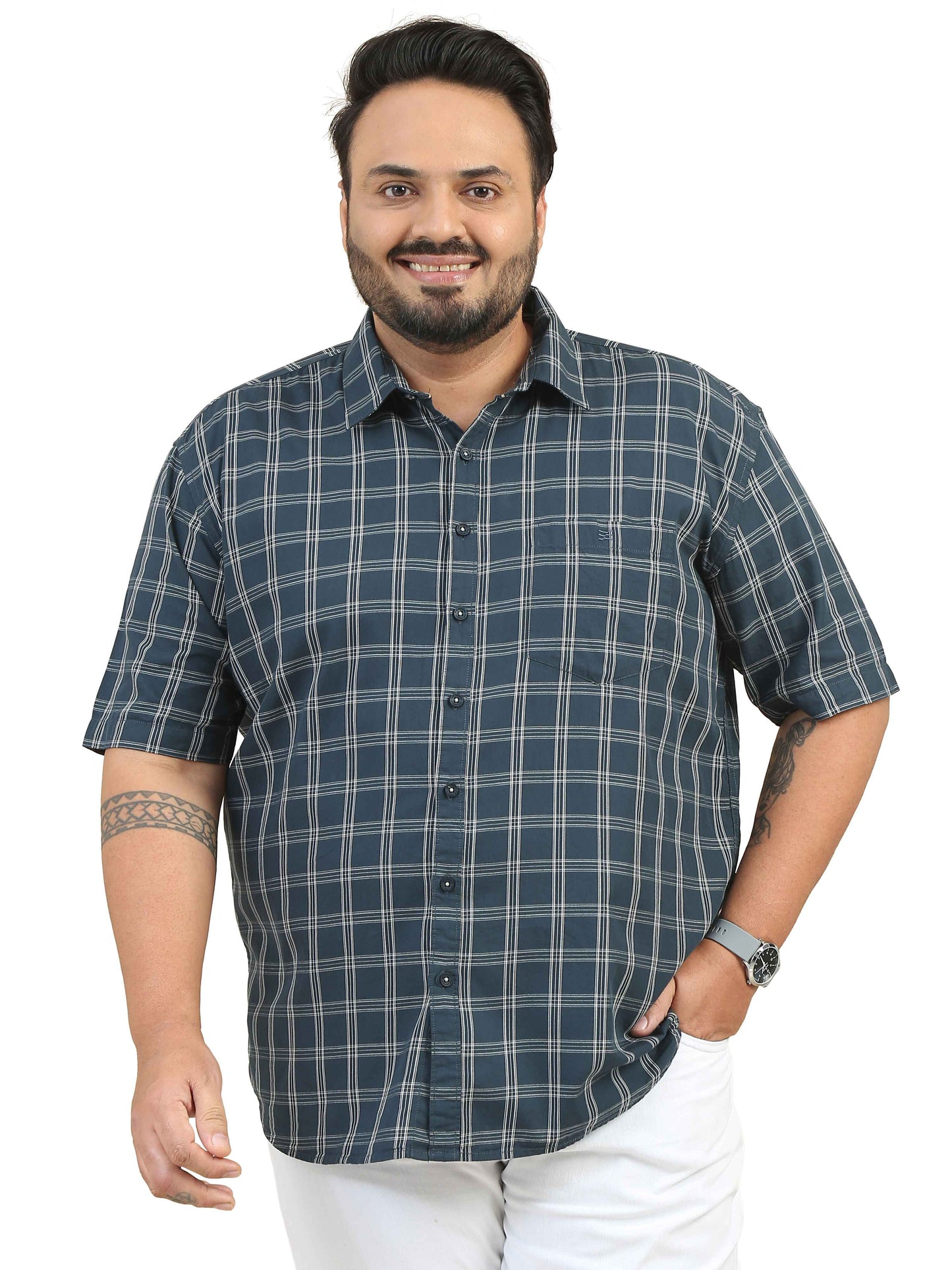 Dark Green Plus Size Checks Shirt