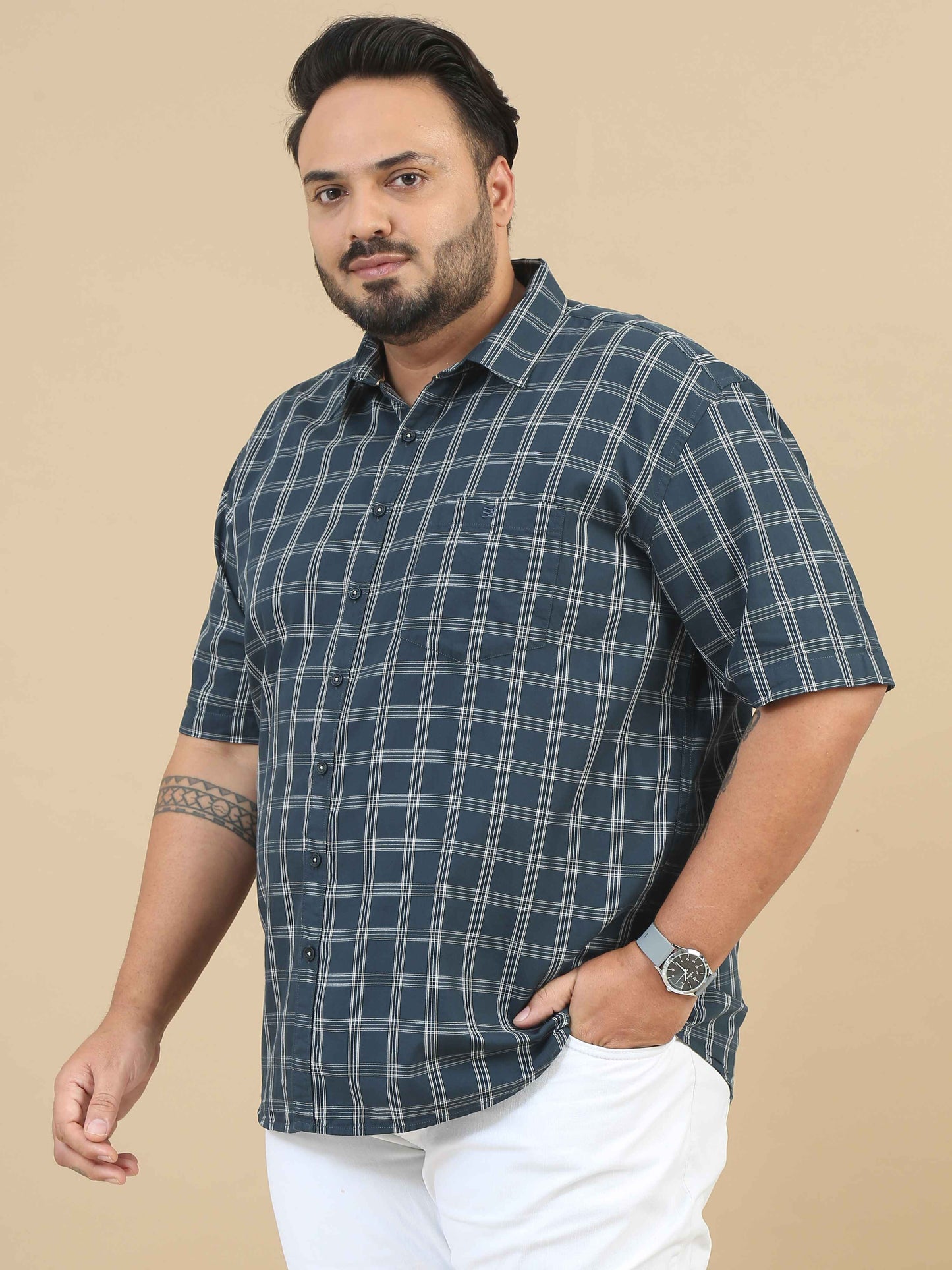 Dark Green Plus Size Checks Shirt