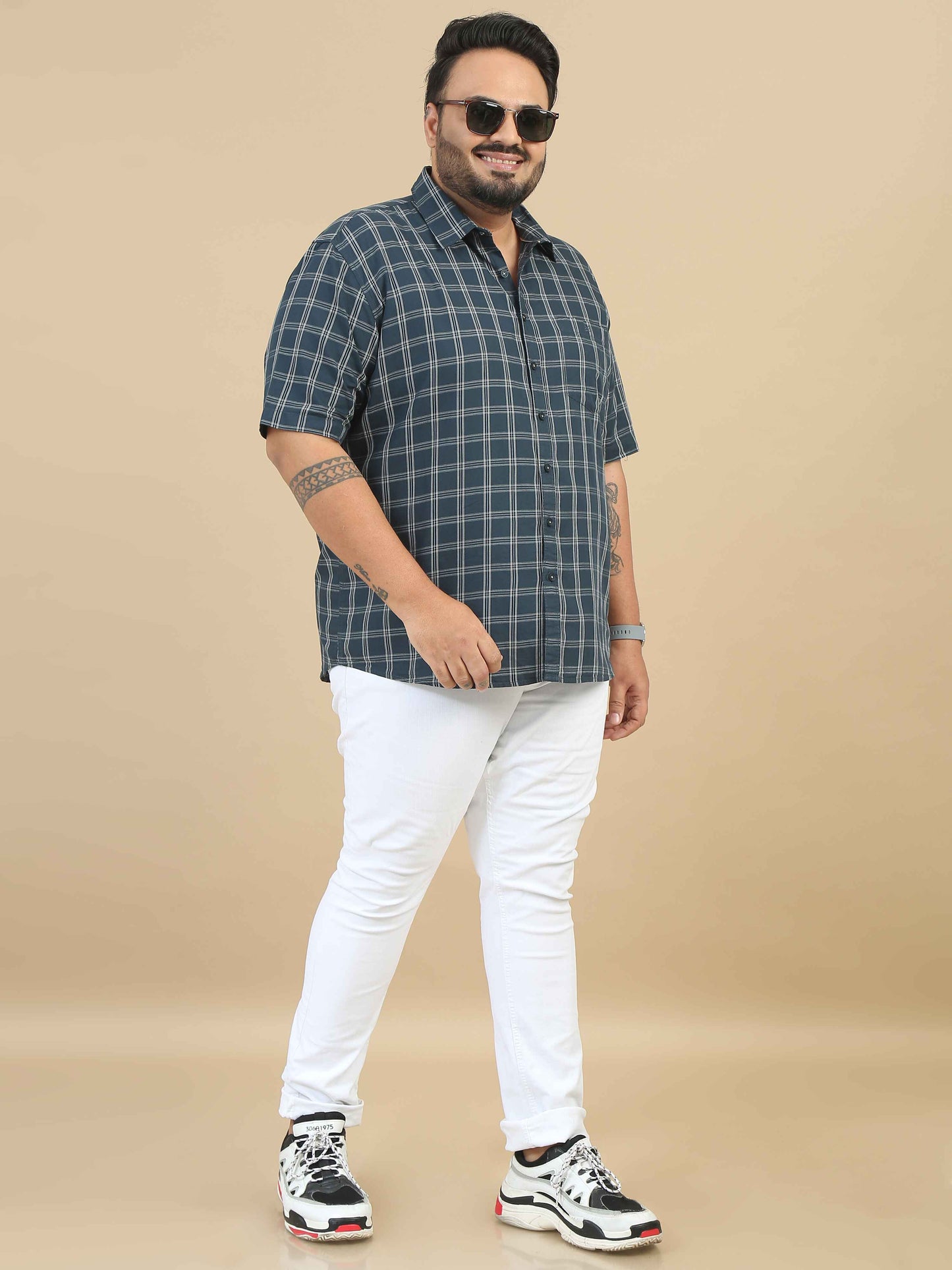 Dark Green Plus Size Checks Shirt