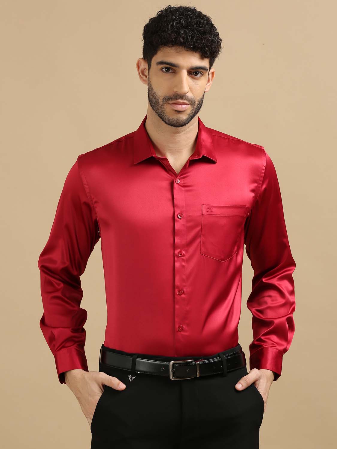 Satin Red Shirt Men