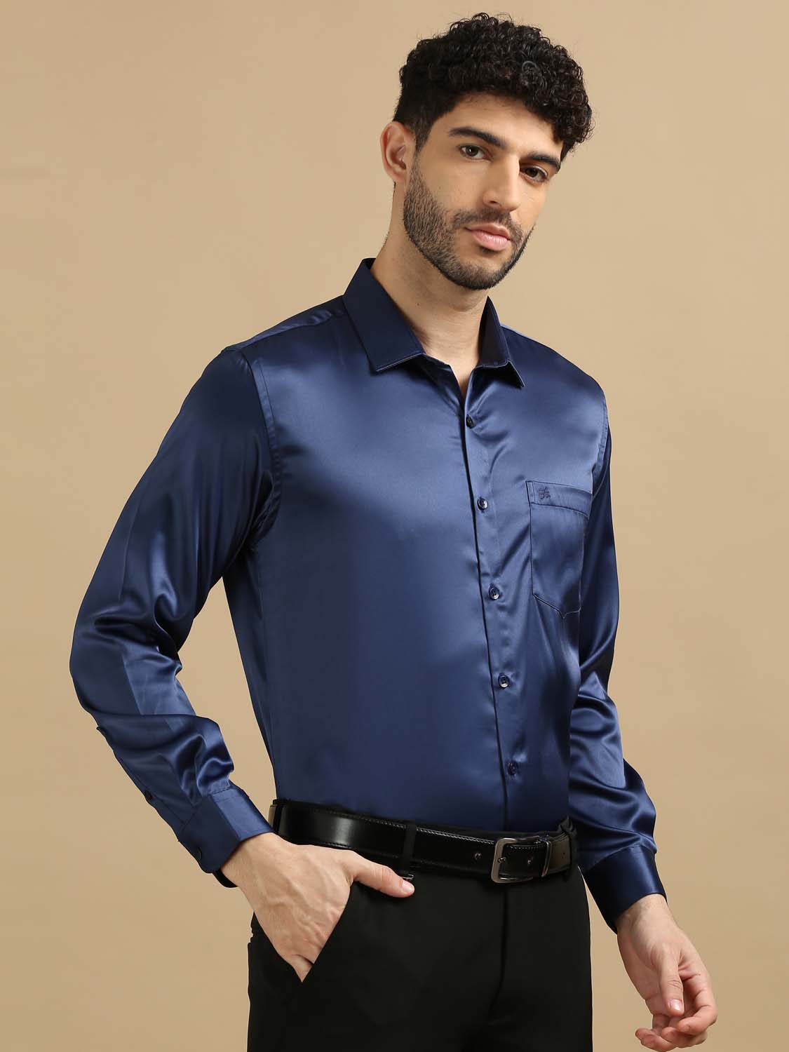 Blue satin shirt for men