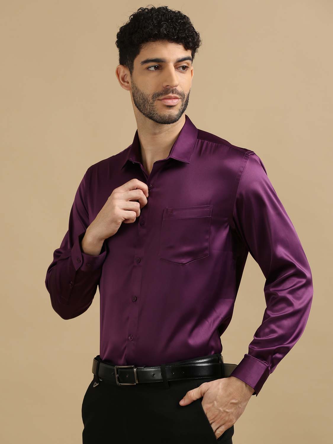 Men Dusty Purple Satin Shirt 