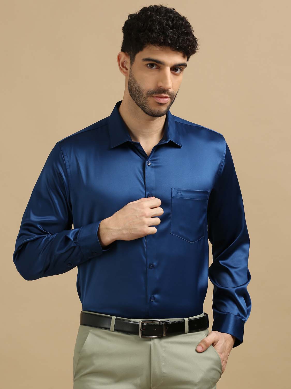 Men  Blue Satin Shirt 