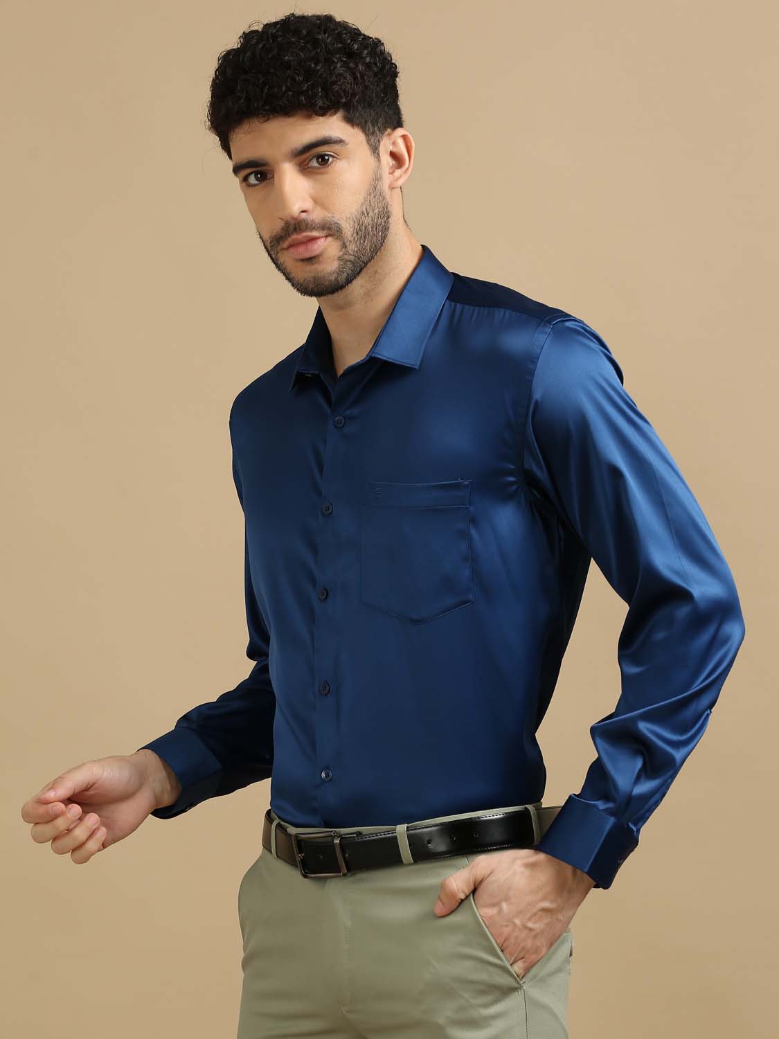 Men Blue Satin Shirt