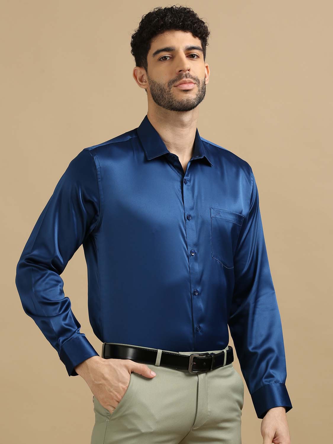 Men Blue Satin Shirt