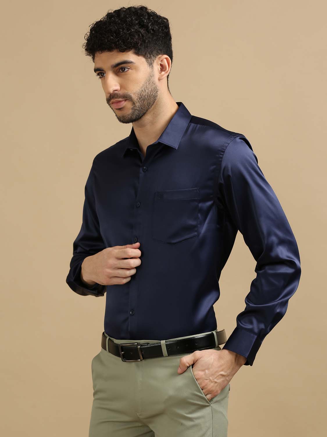 Men Dark Blue Party Wear Satin Shirt