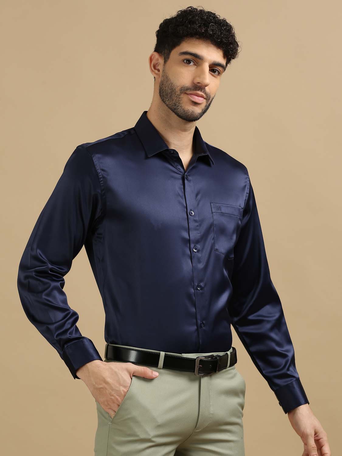 Men Dark Blue Party Wear Satin Shirt