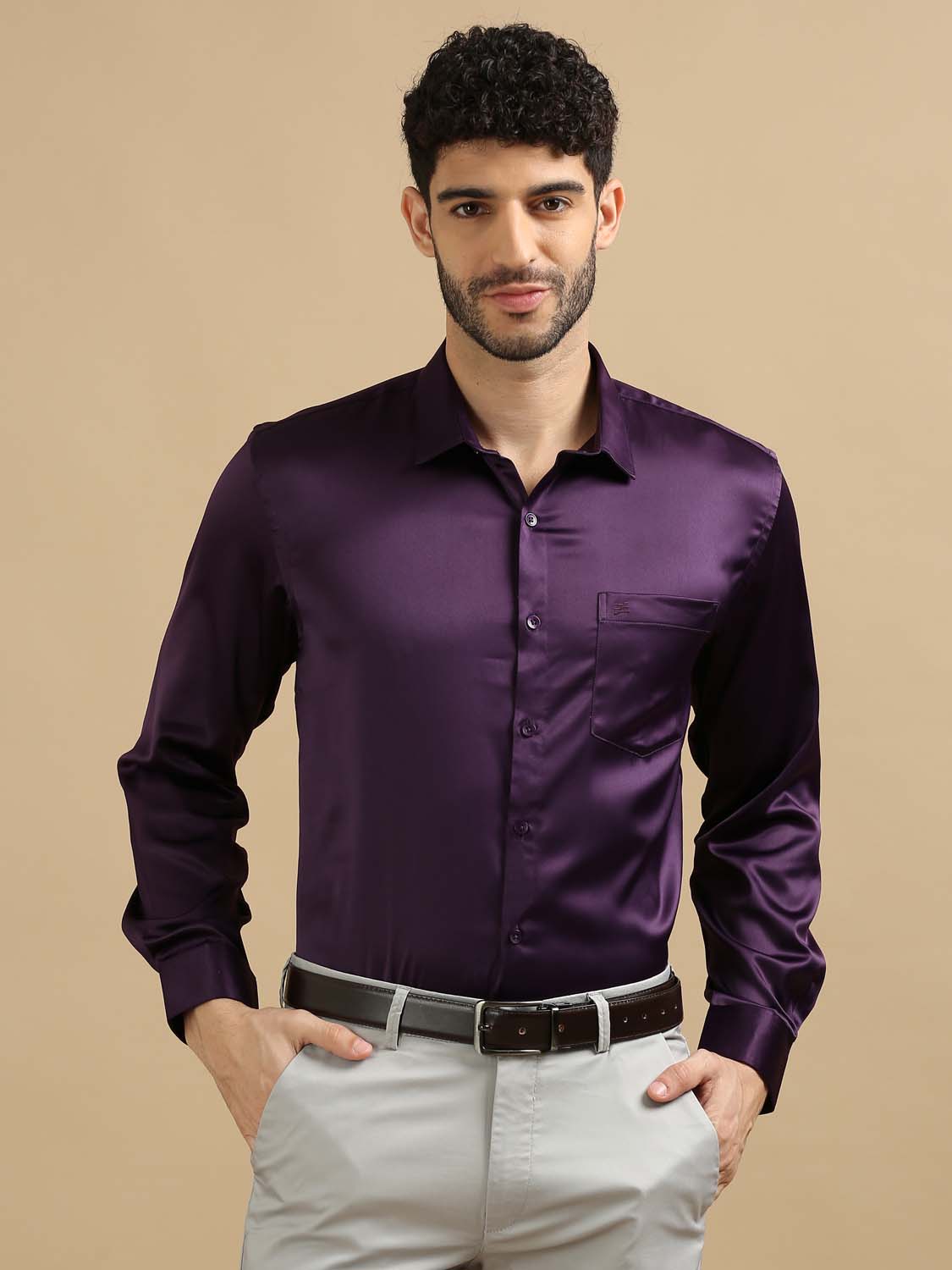 Men Dark Magenta Satin Shirt