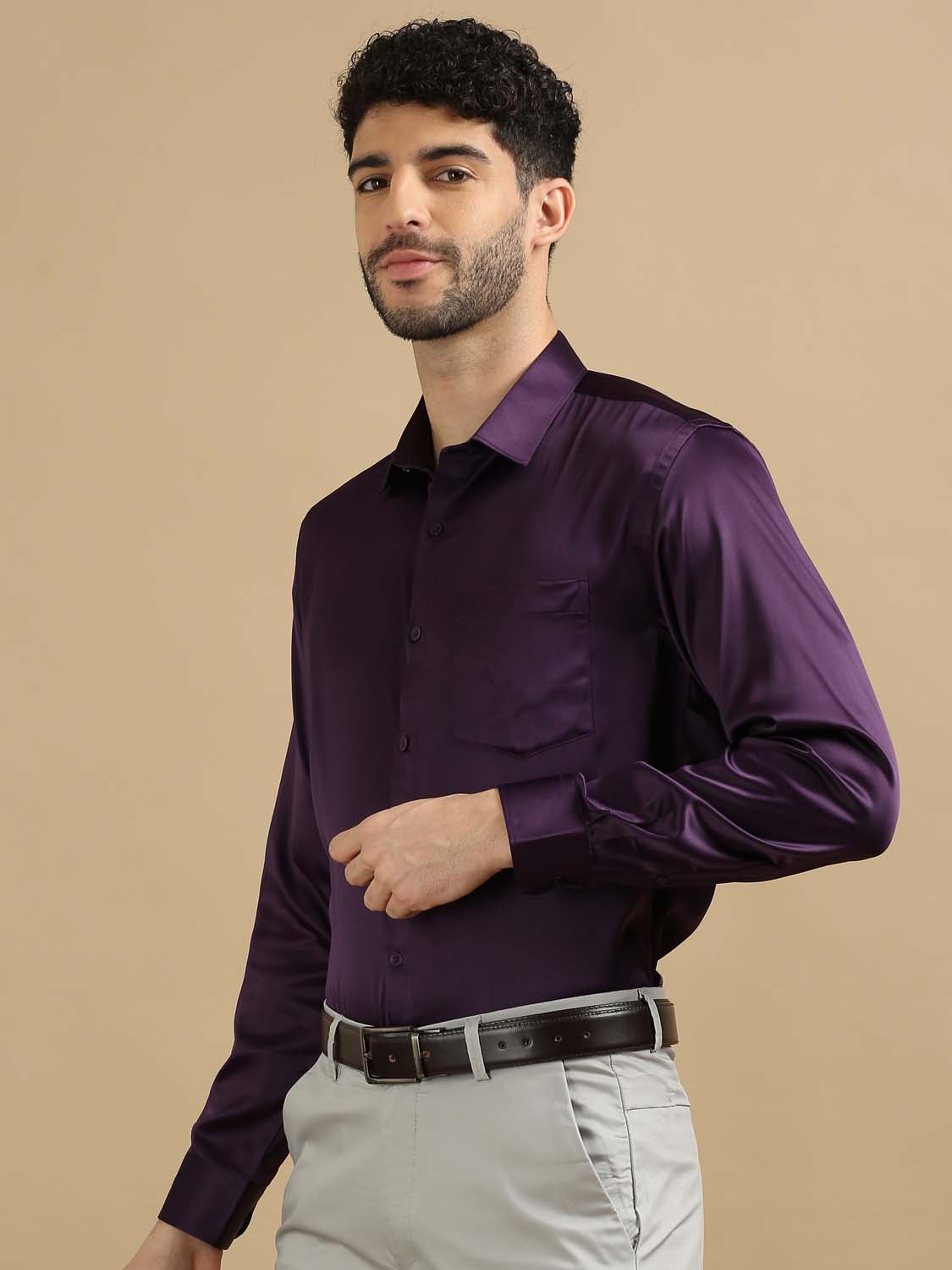 Men Dark Magenta Satin Shirt