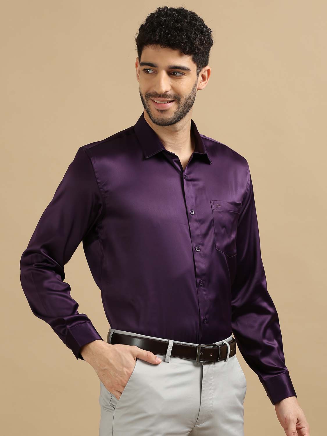 Men Dark Magenta Satin Shirt