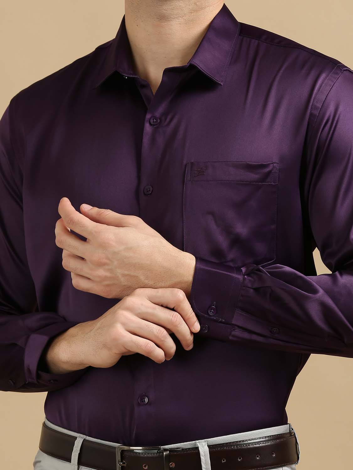 Men Dark Magenta Satin Shirt