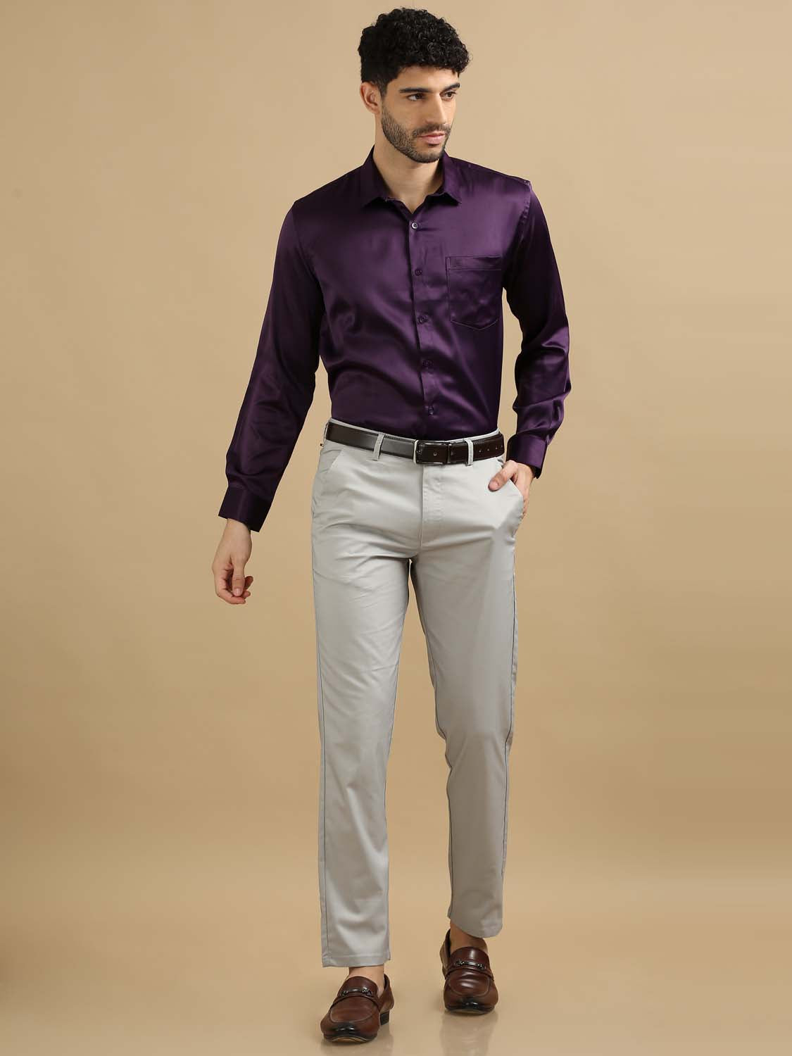 Men Dark Magenta Satin Shirt