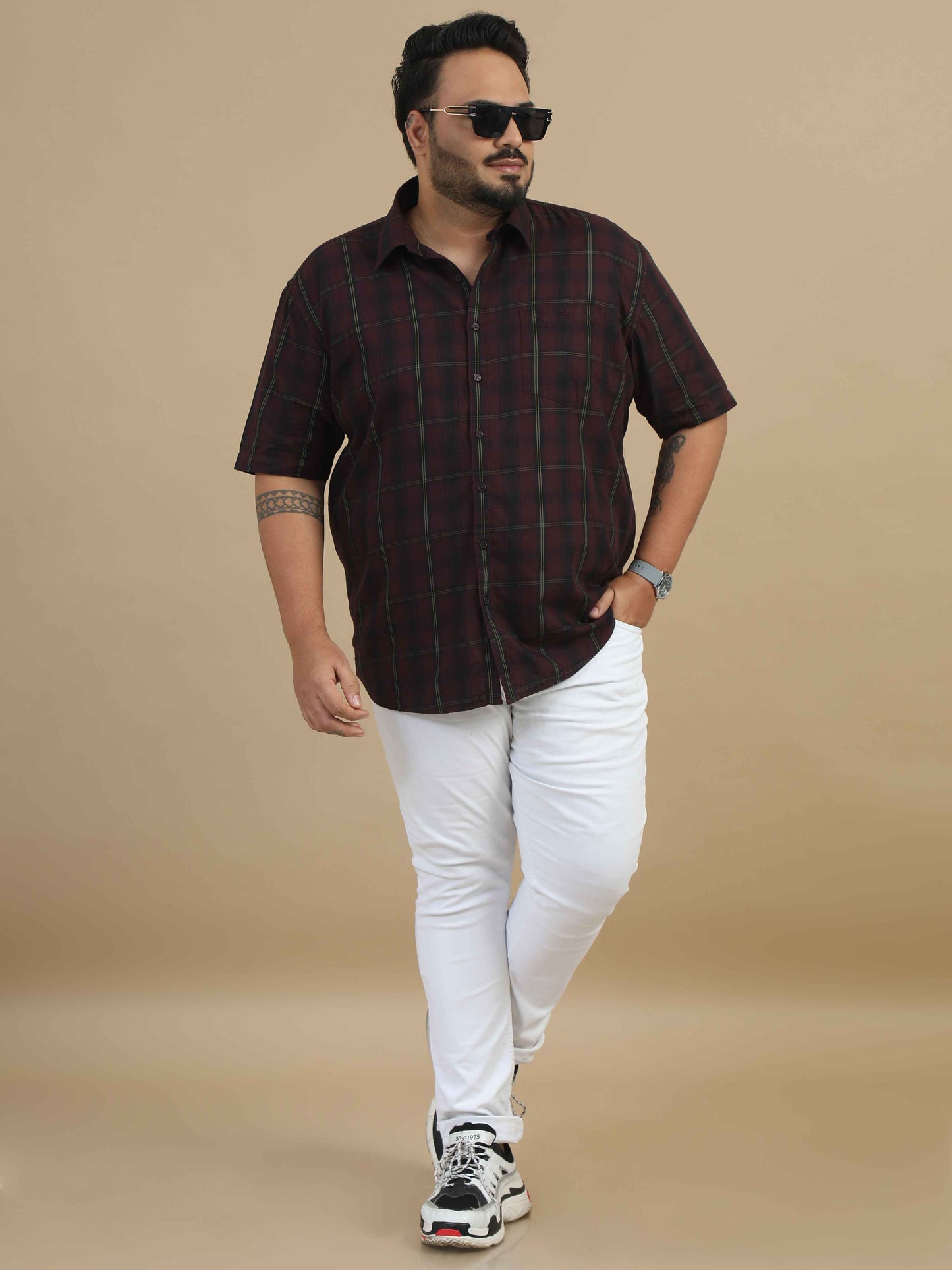 Seal Brown Plus Size Checks Shirt