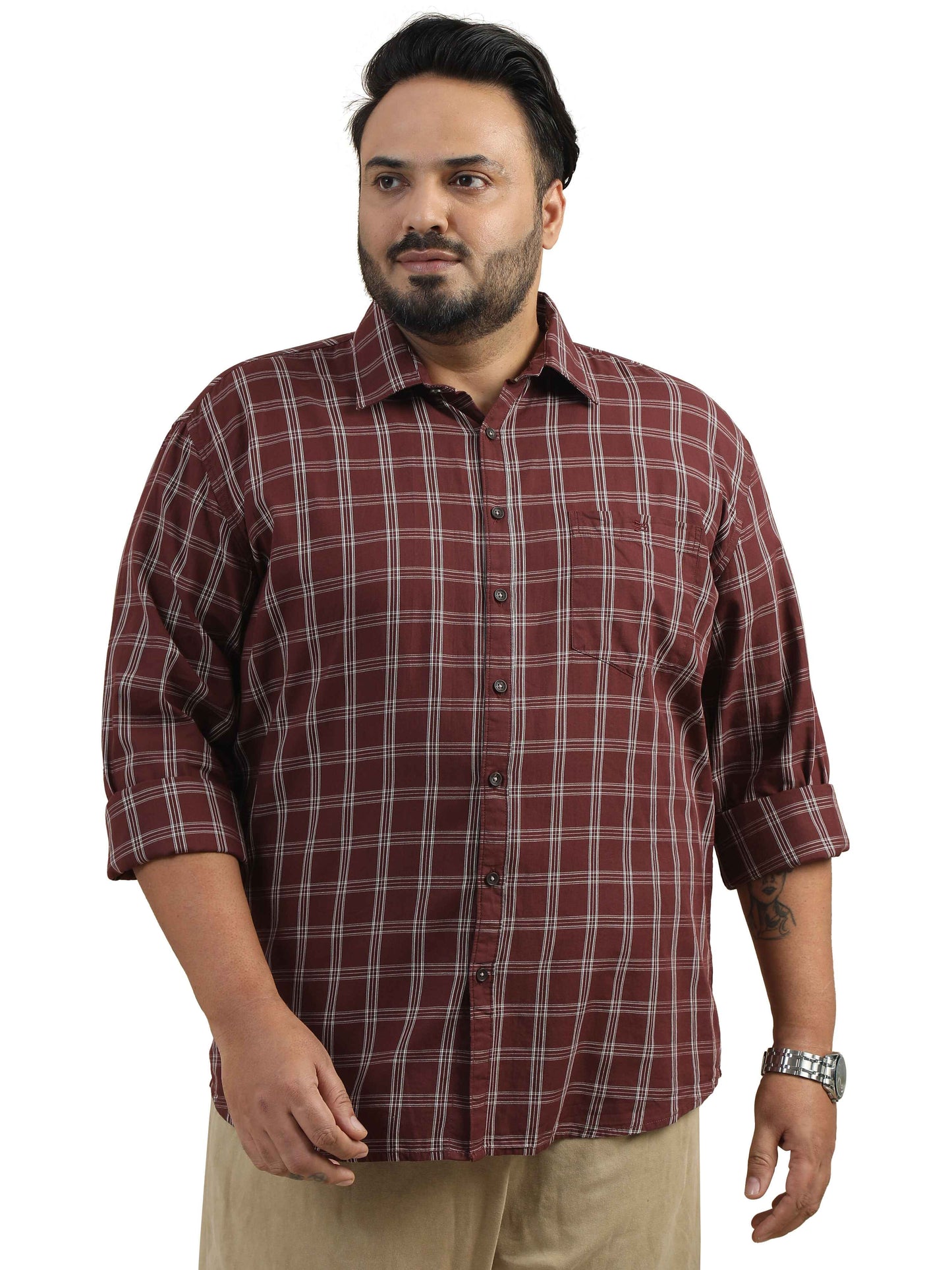 Plus Size Men's Brown Check Shirt 