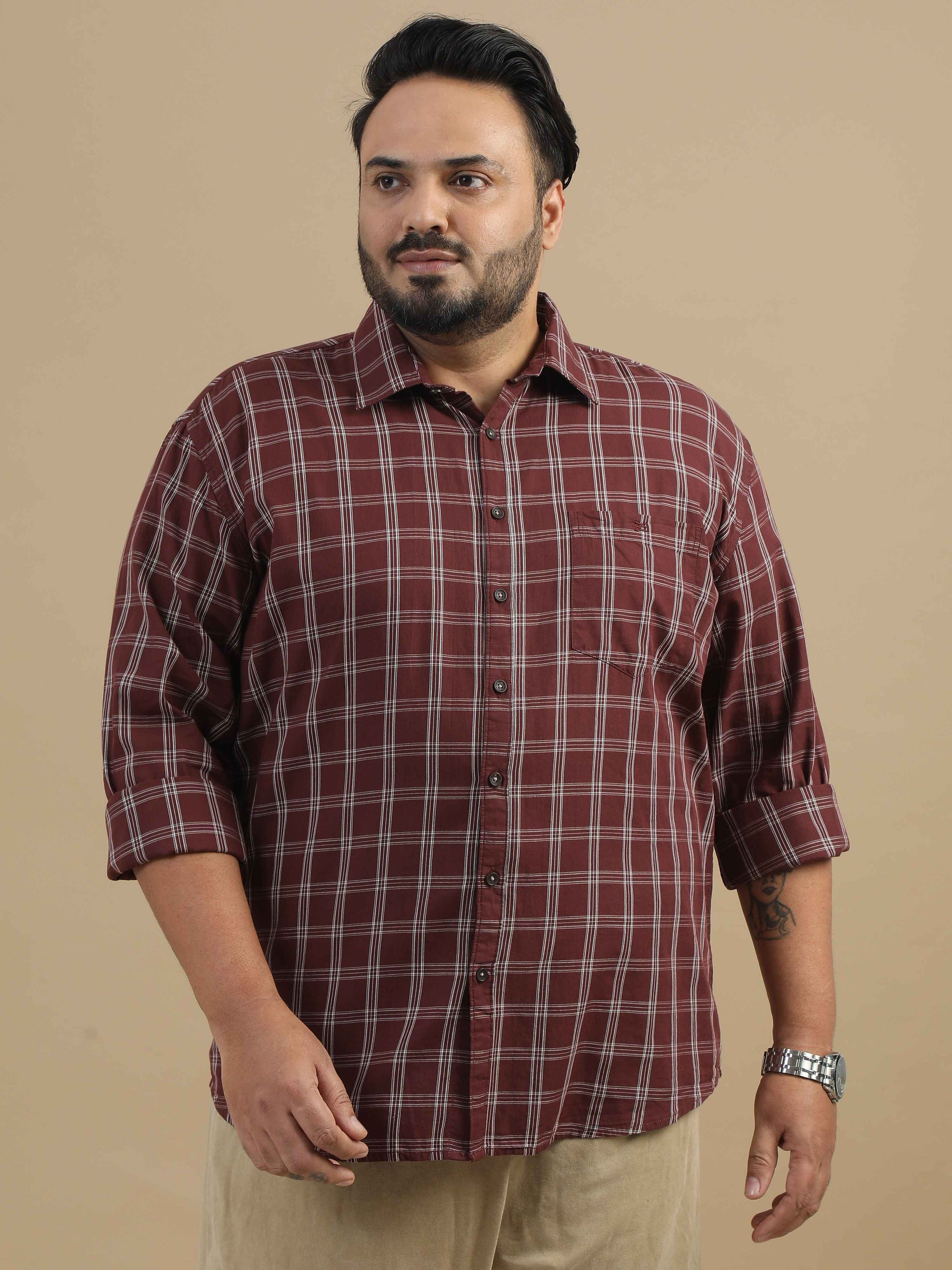 Plus Size Men's Brown Check Shirt 