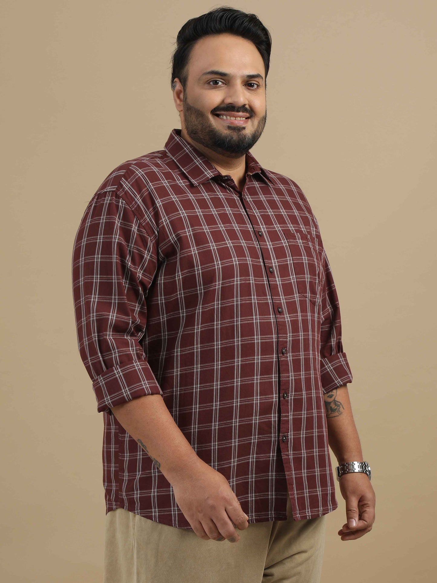 Plus Size Men's Brown Check Shirt 